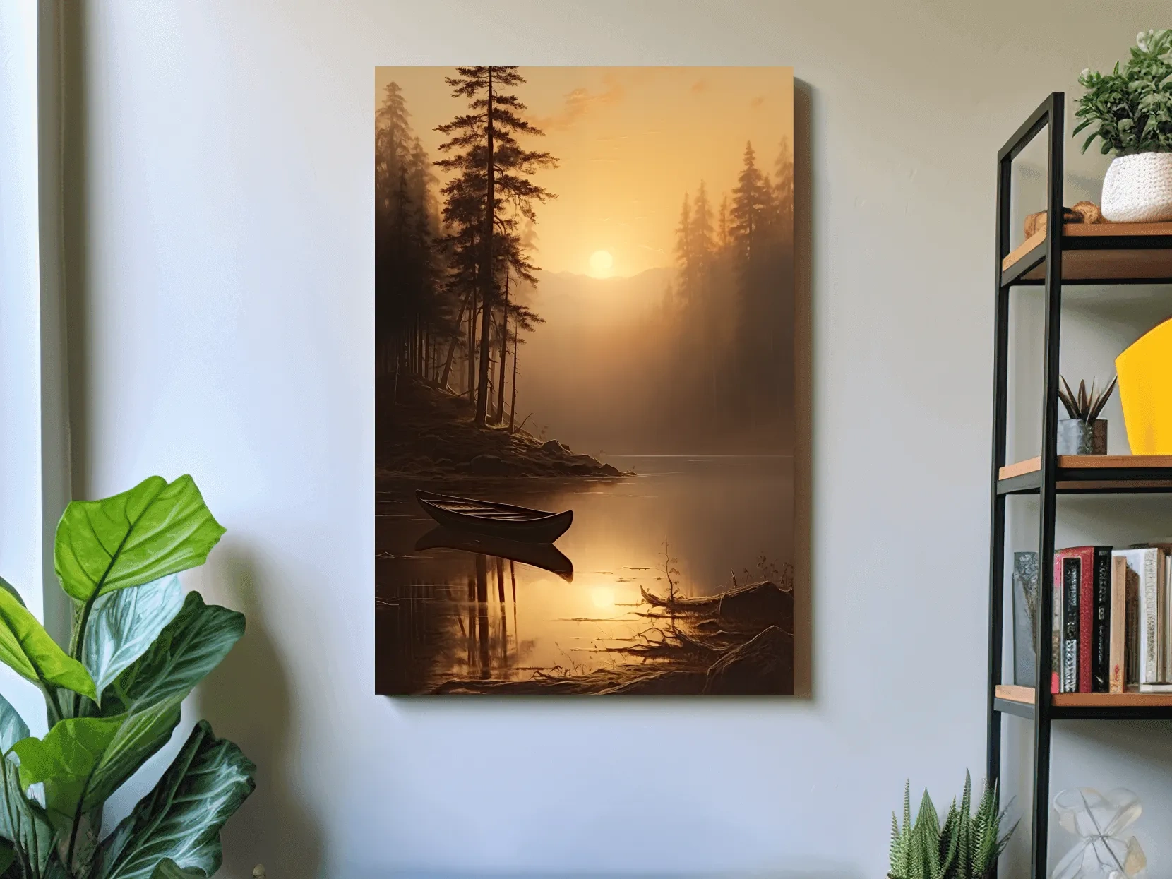 Misty Golden Lake Sunrise With Canoe - Serene Pine Forest Mountain Landscape Wall Art