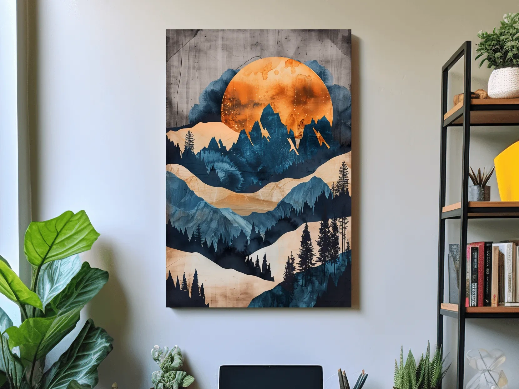 Abstract mountain and forest artwork at sunset, mixed media watercolor style art