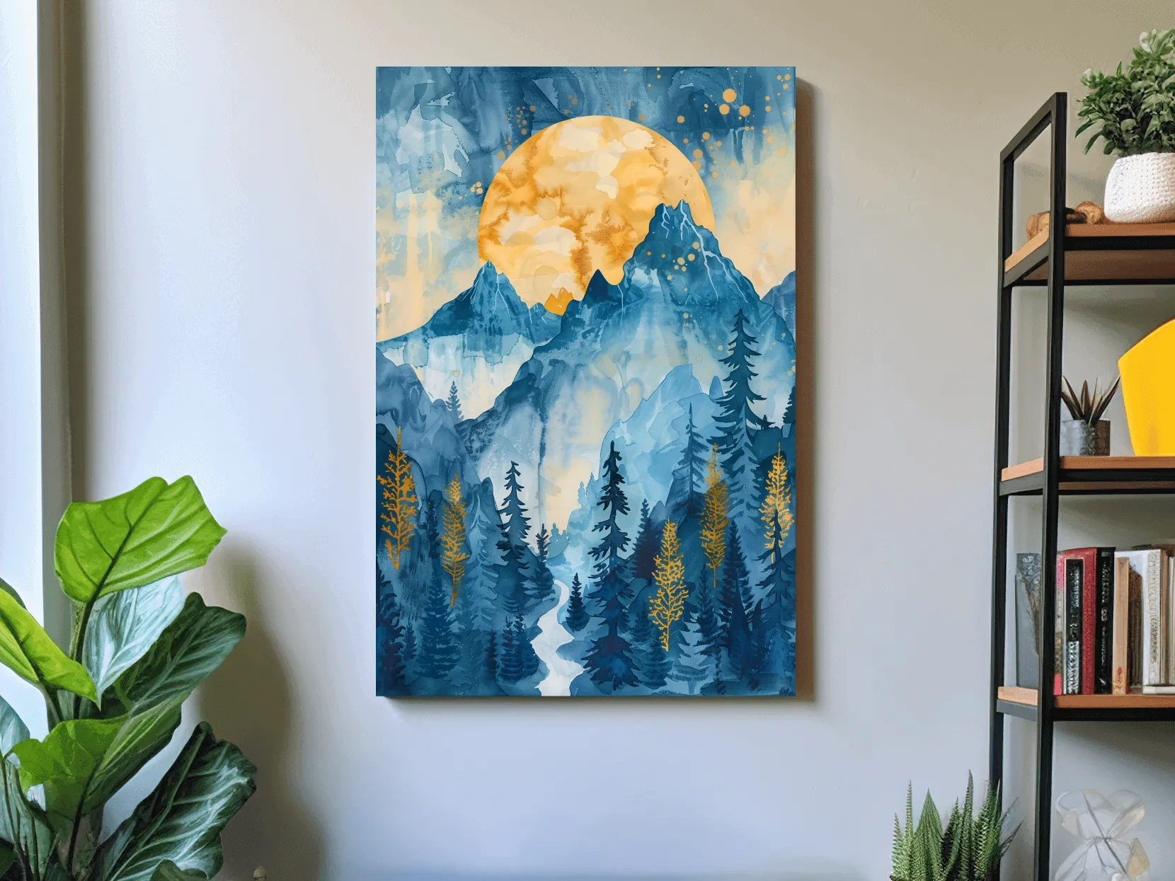 Alpine Sunset Watercolor Painting - Mountain Forest Landscape Wall Art