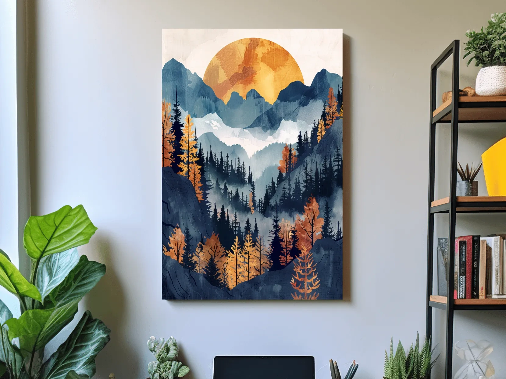 Foggy Autumn Alpine Forest Sunset - Modern Watercolor Mountain Wall Art