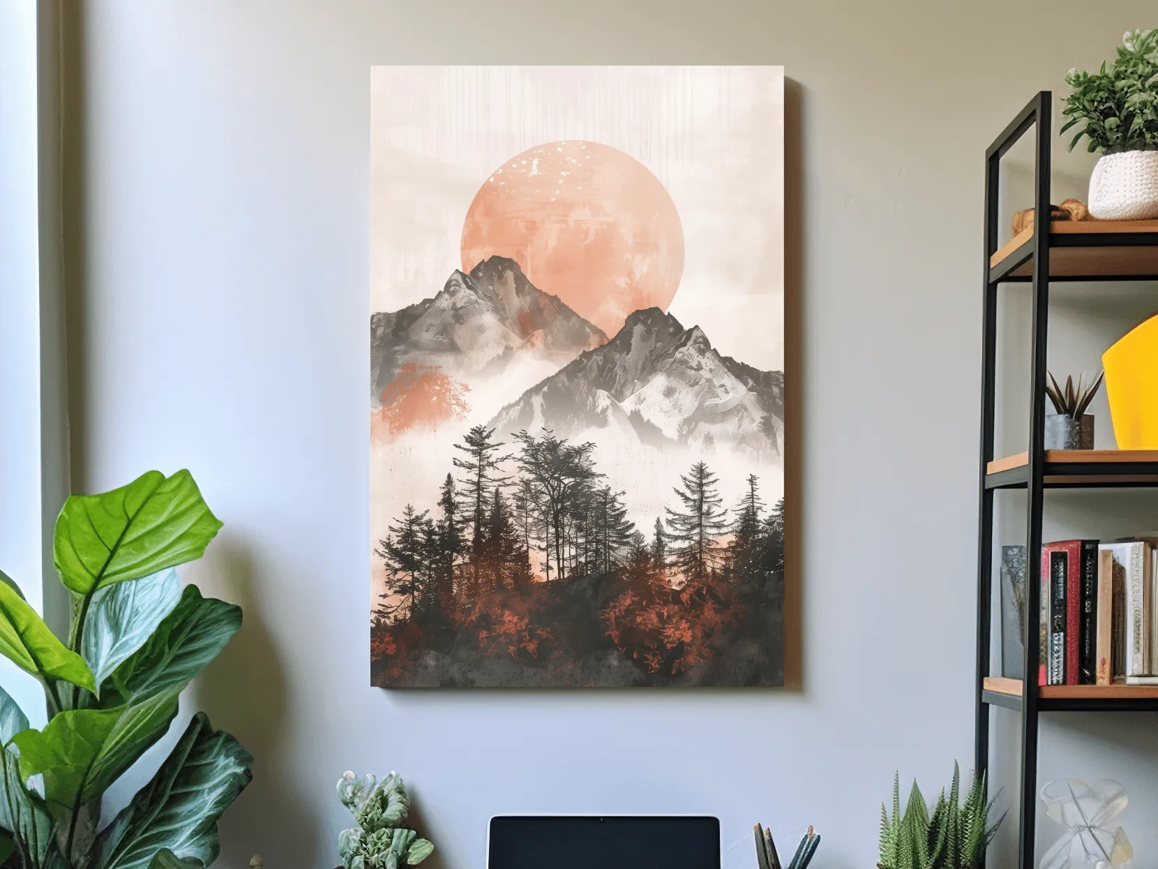 Japandi style boho wall art, sunset over an alpine forest, mountains & trees