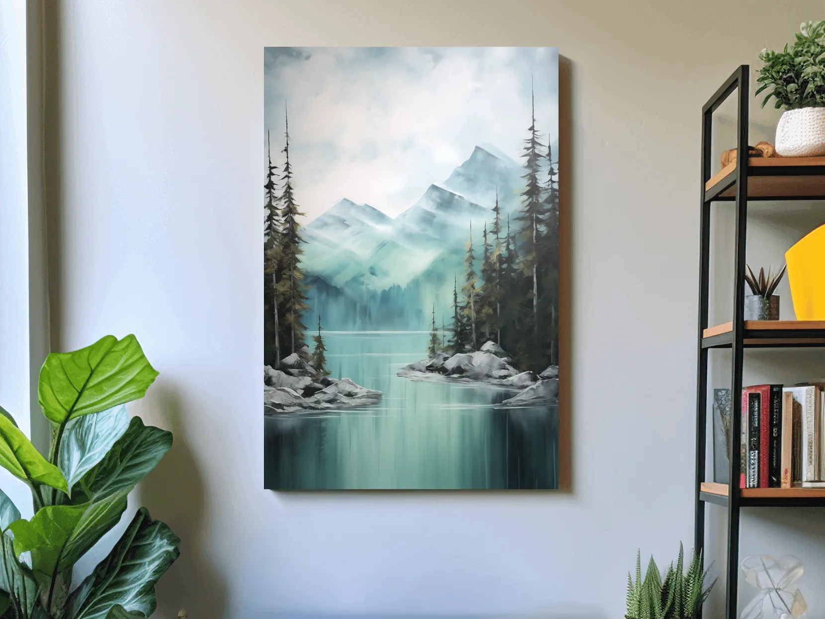Misty Turquoise Mountain Lake Landscape - PNW Watercolor Forest Wall Art