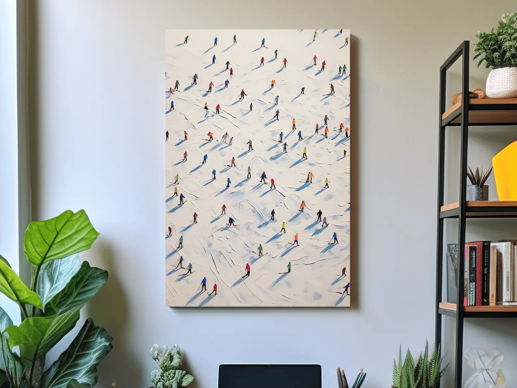 Lots of little skiers in a ski resort, textured painting effect