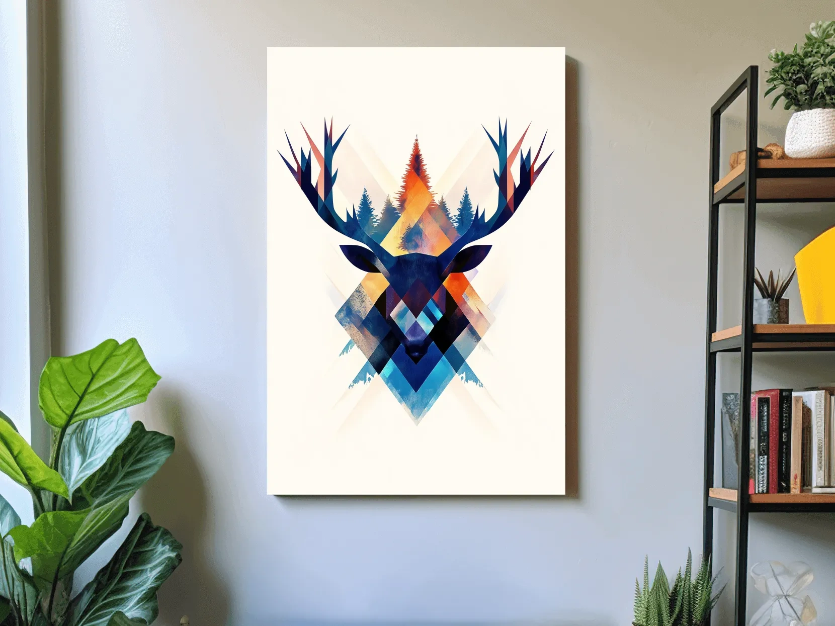 Geometric Watercolor Deer Head Silhouette - Modern Wildlife Forest Wall Art