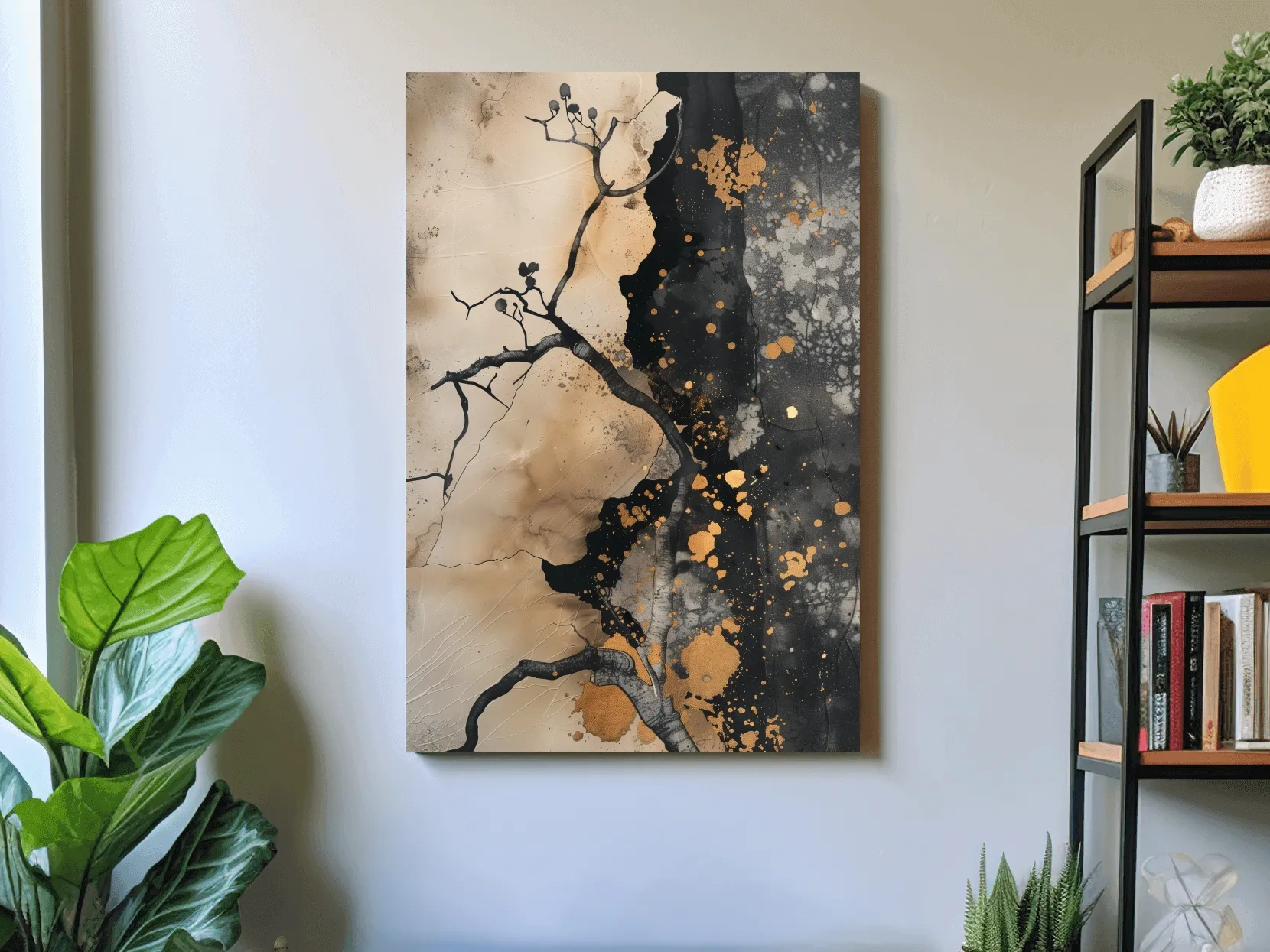 Ink Branch Silhouette With Gold Splatter - Modern Japandi Abstract Wall Art