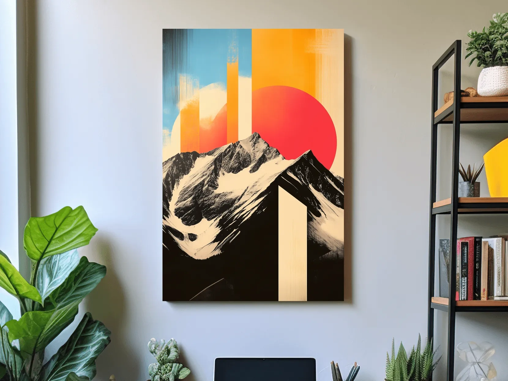 Retro Snowcapped Mountain Sunset Collage - Modern Geometric Landscape Wall Art