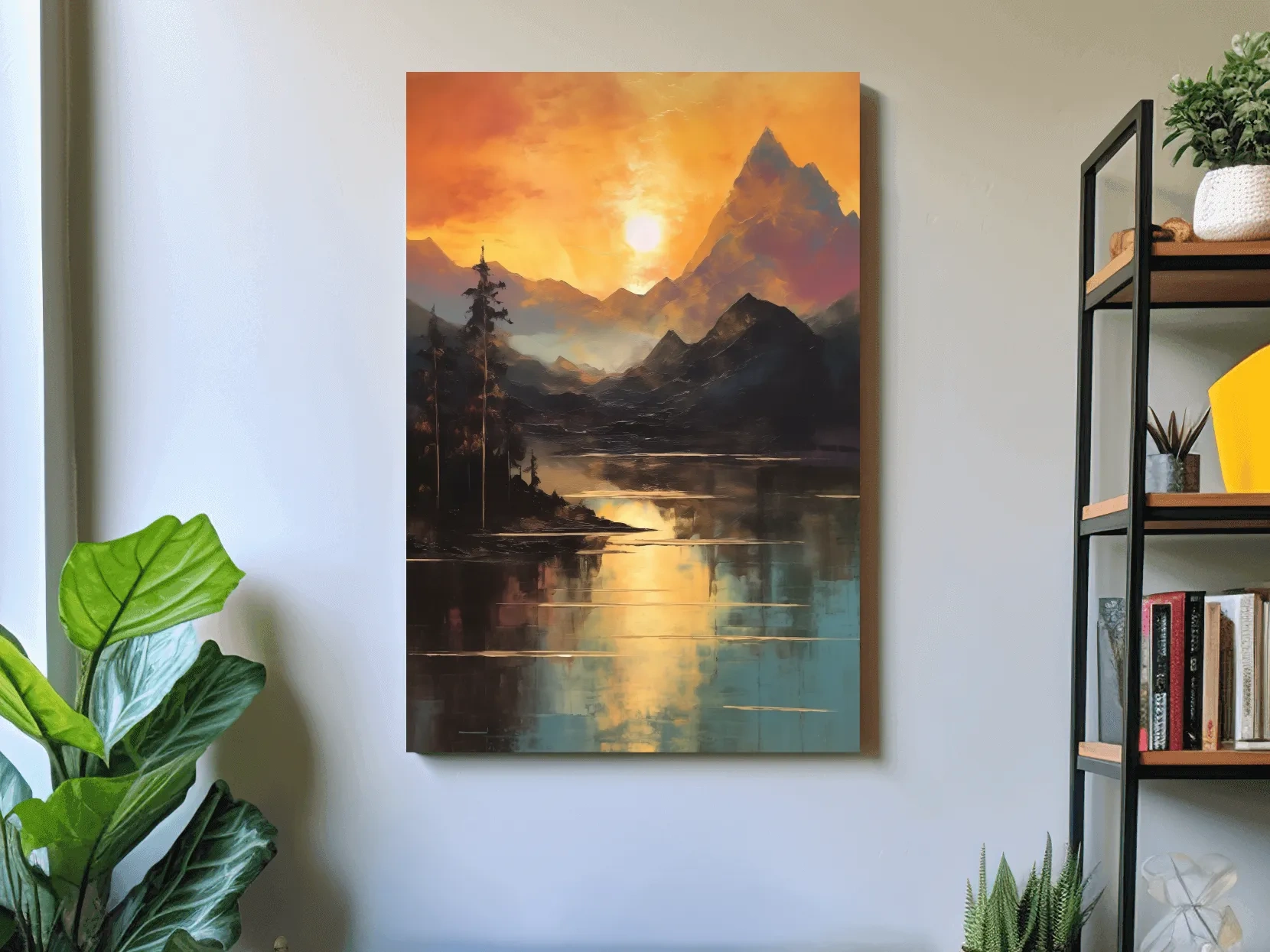 Golden Sunset Alpine Lake Reflection - Mountain Oil Painting Wall Art
