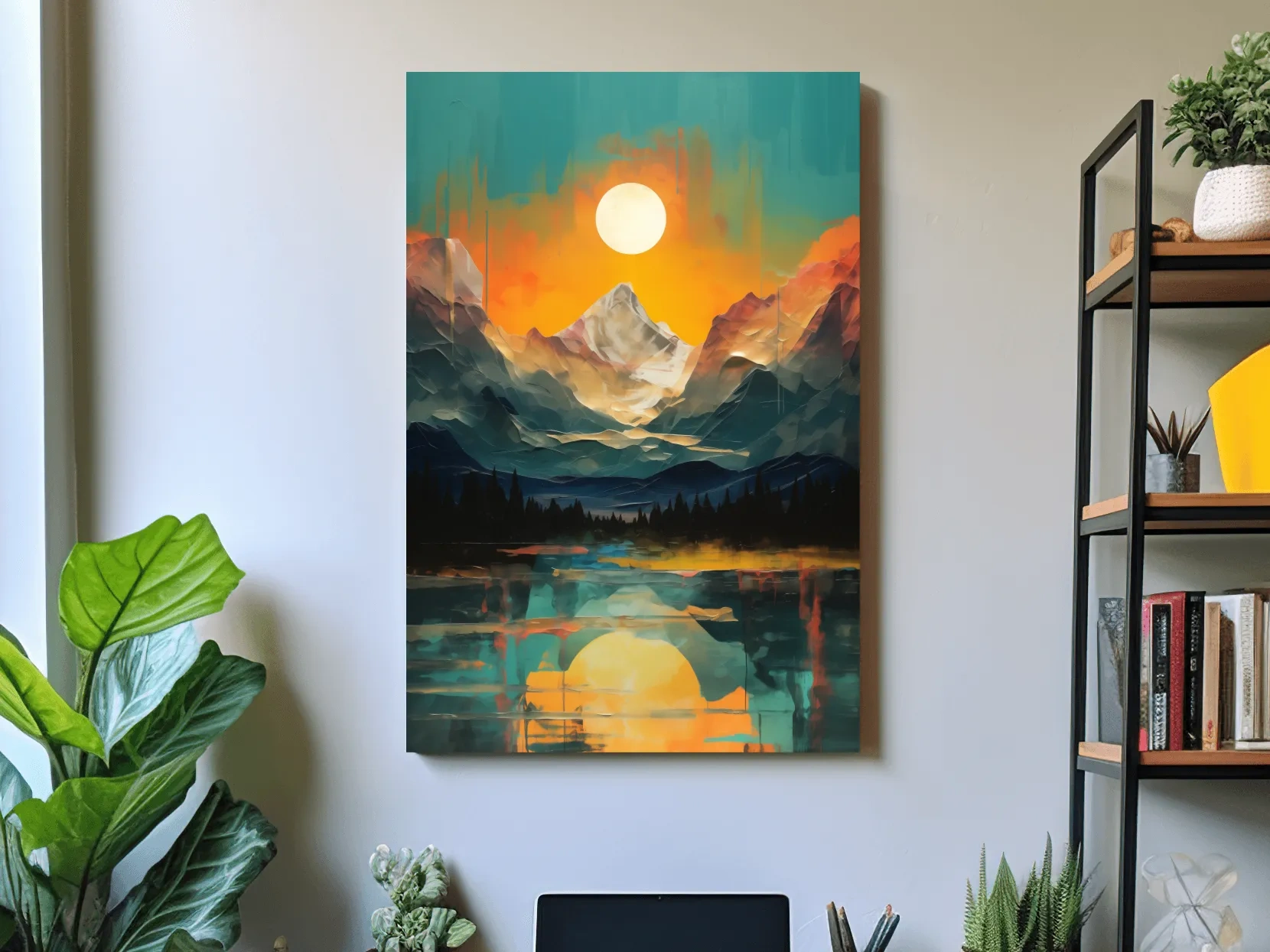 Oil painting artwork print of a mountain scene at sunset