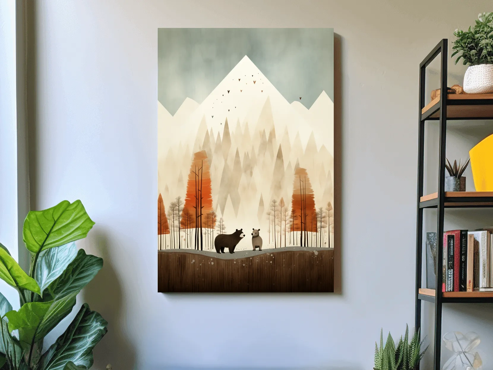 Bears in the forest in autumn, quirky childrens art illustration