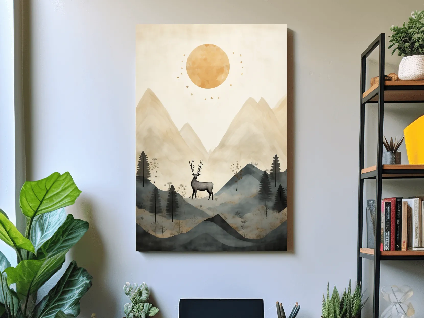 Boho Deer In Misty Mountains - Woodland Landscape Wall Art