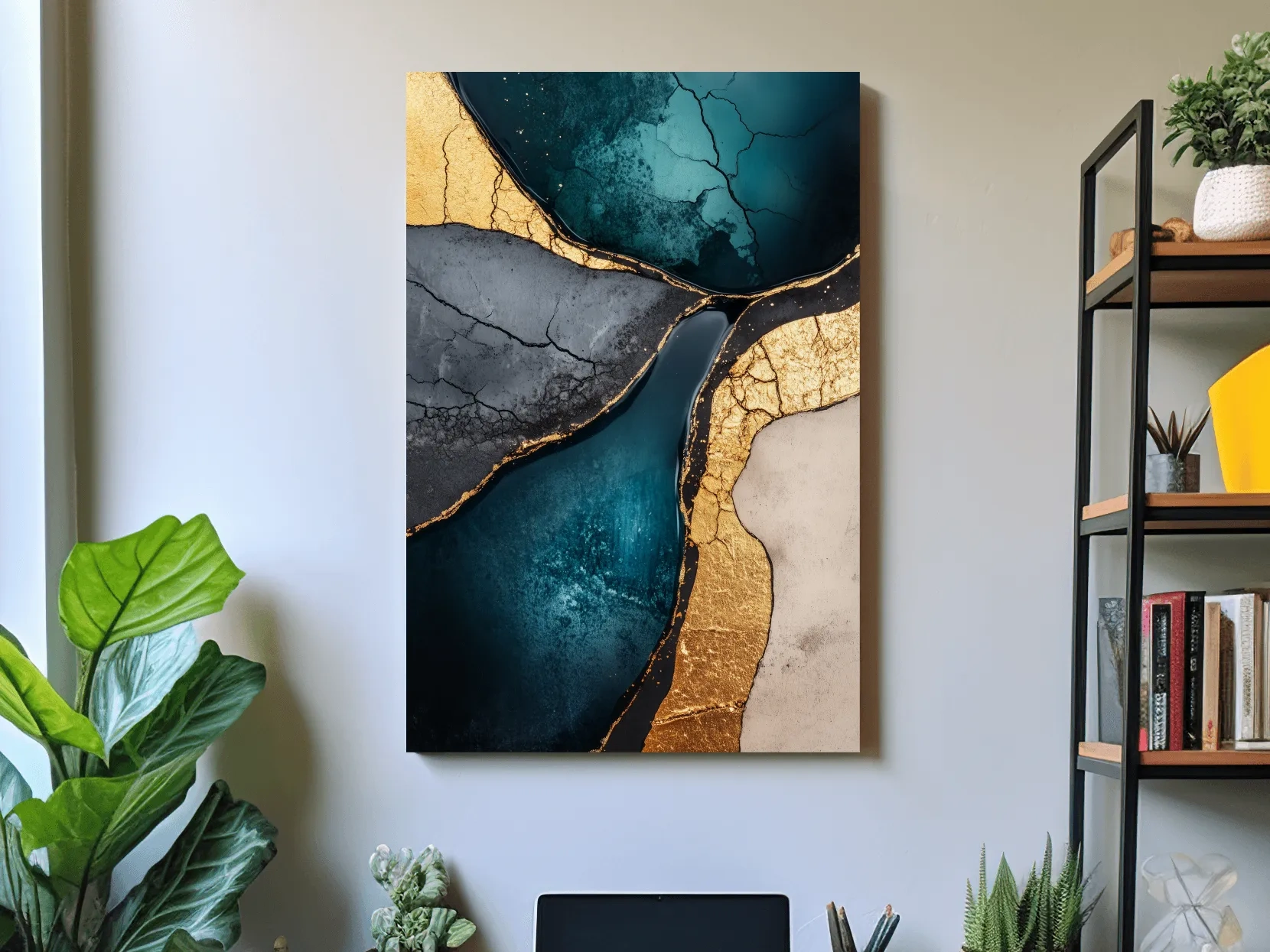 Elegant wall art, gold and teal cracked natural texture elements