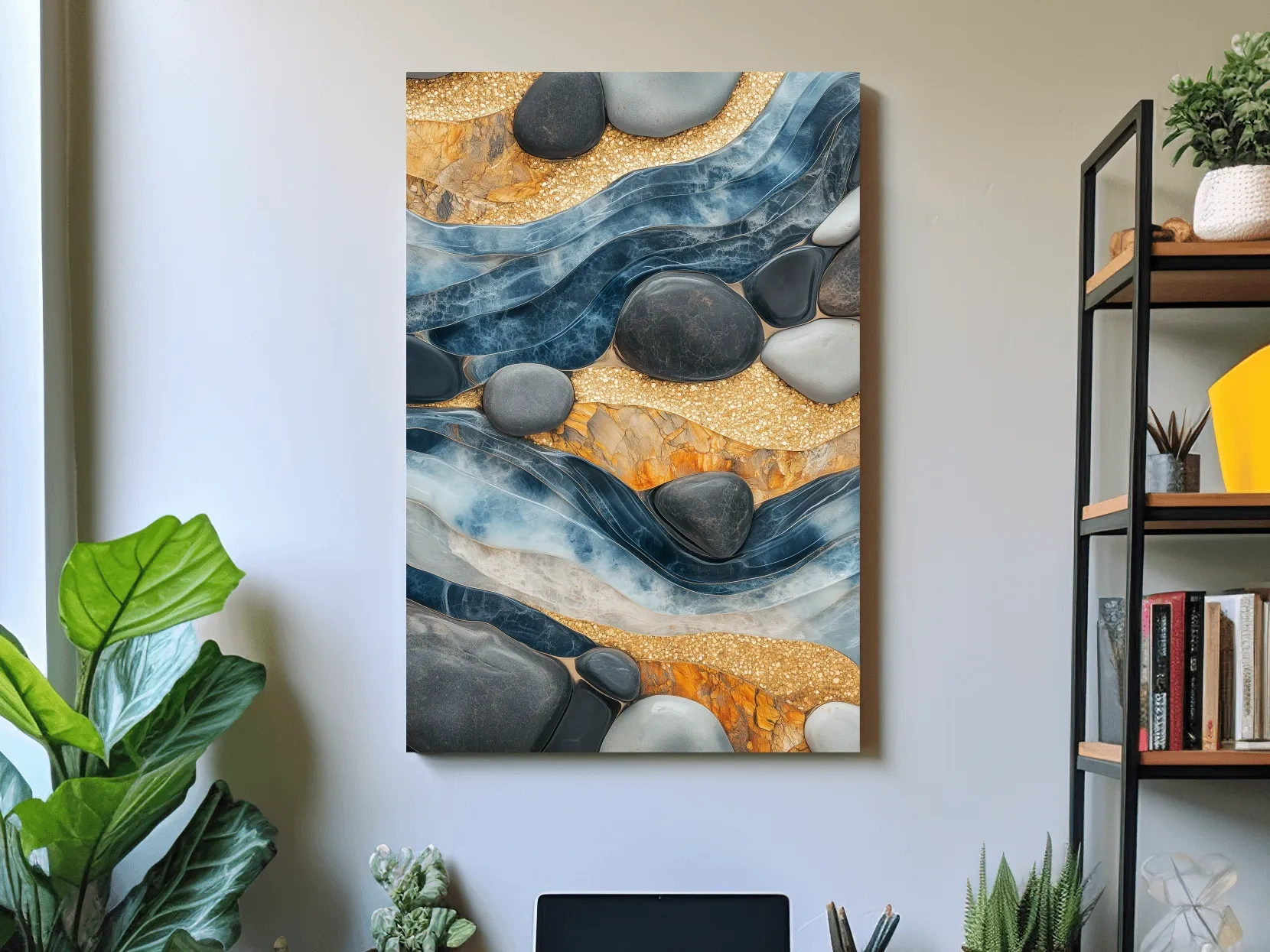 Abstract Blue River Stone Mosaic - Modern Pebble Texture Wall Art