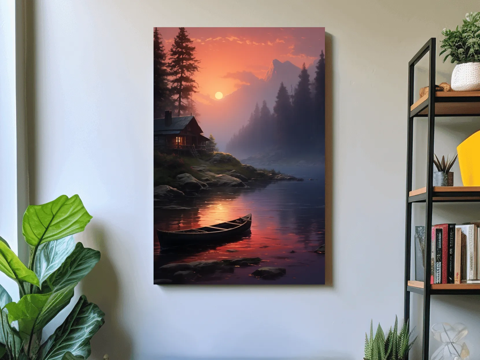Lakeside Cabin Sunset Landscape - Cinematic Mountain Lake Wall Art