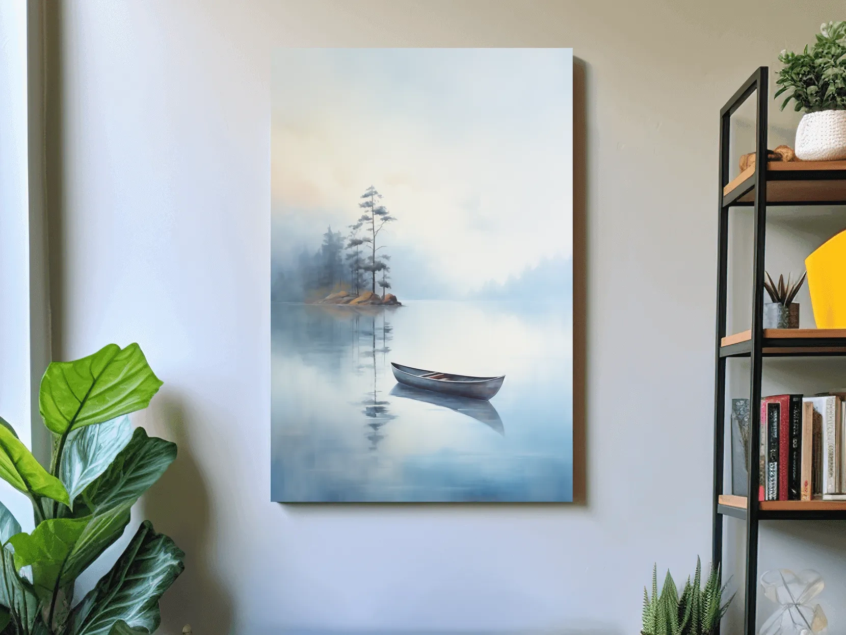 Misty Lake Canoe Painting - Serene Minimalist Watercolor Wall Art