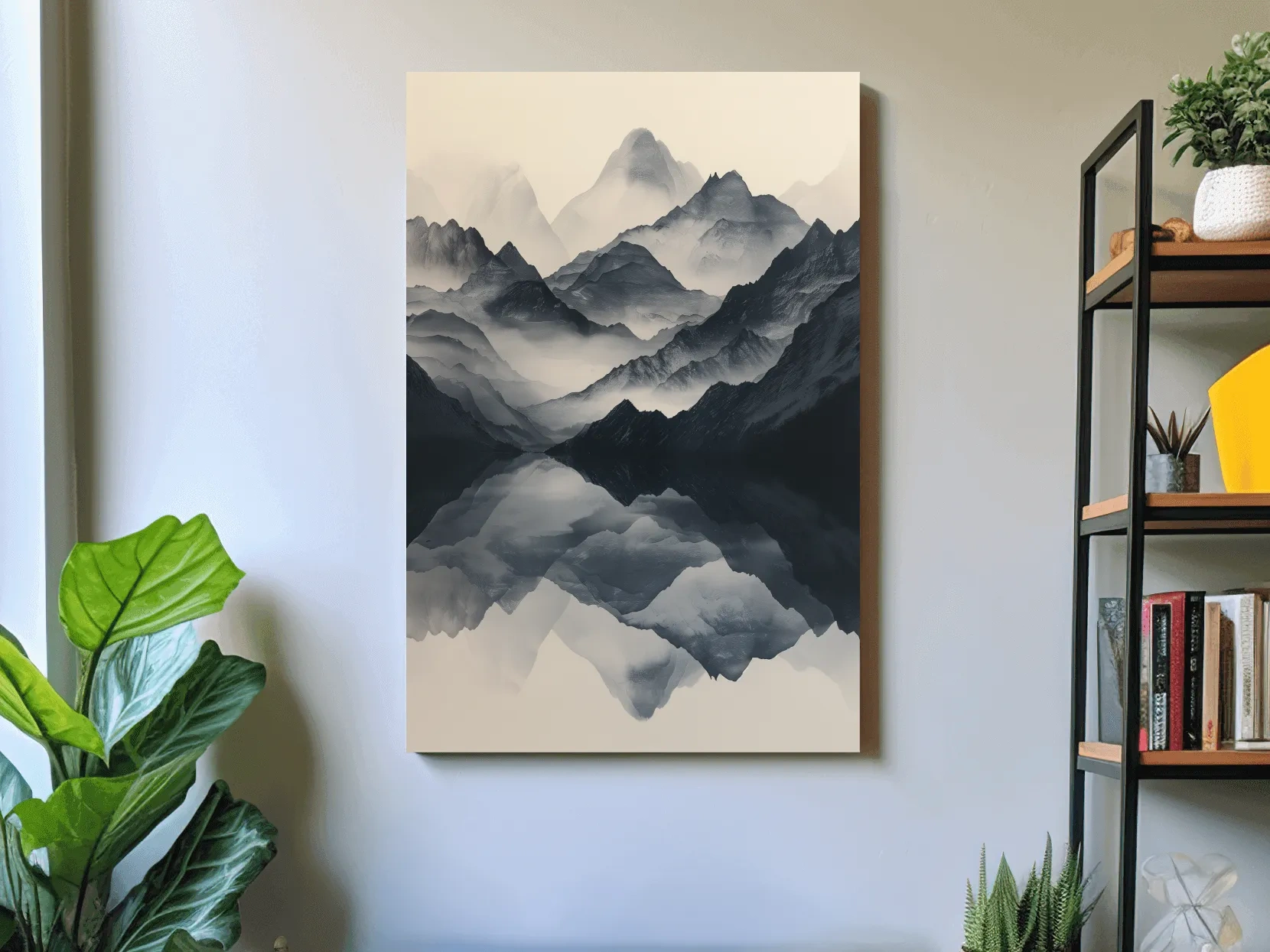 Monochrome Misty Mountain Reflection Landscape - Minimalist Japandi Wall Art