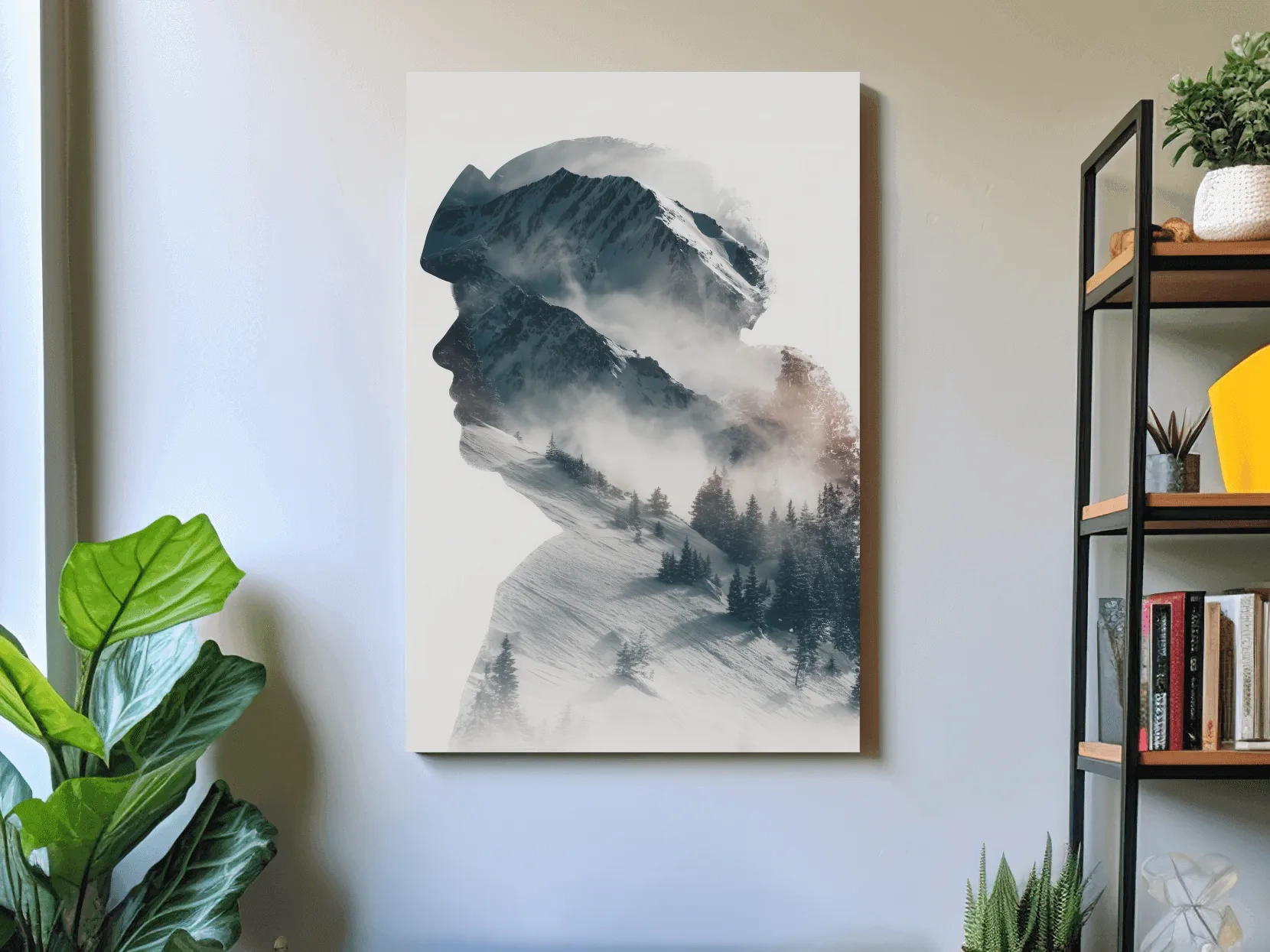 Surreal Double Exposure Skier & Mountain Portrait - Moody Misty Alpine Forest Wall Art