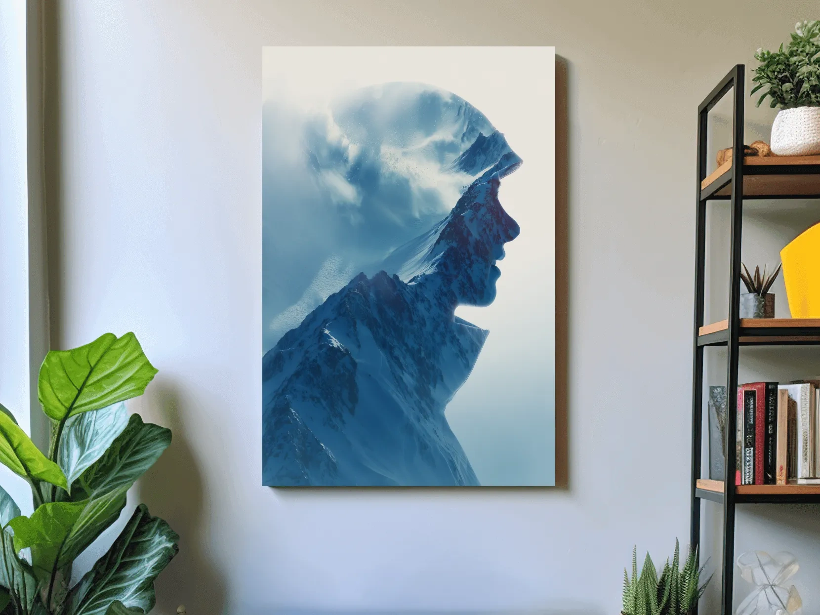 Double Exposure Mountain & Skier Portrait - Modern Snowy Alpine Wall Art