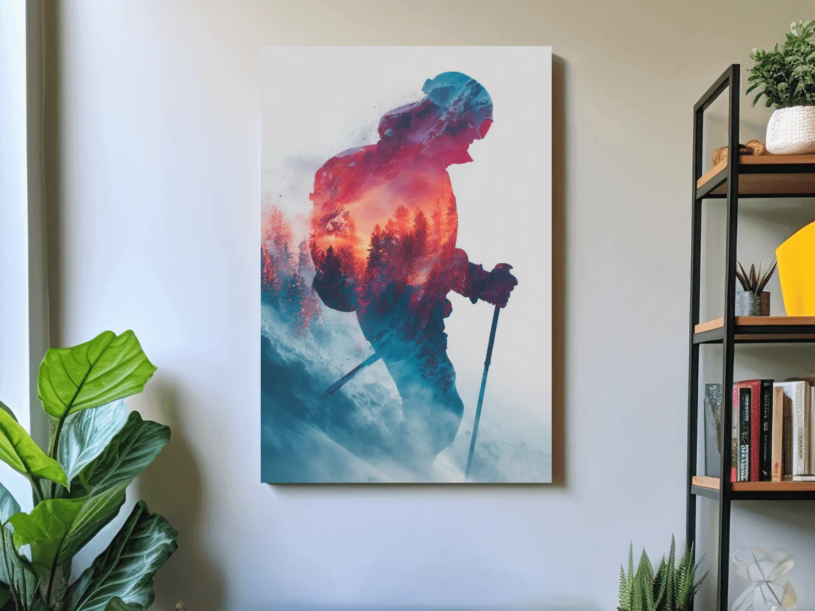 Double Exposure Skiier Silhouette Forest Sunset - Adventure Mountain Landscape Artwork