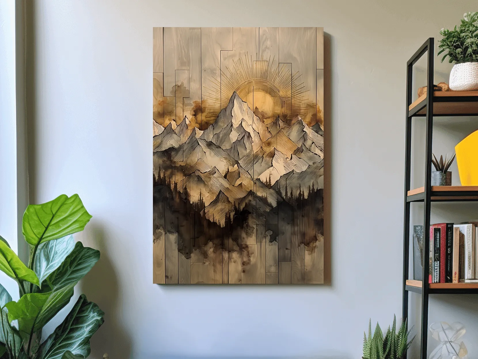 Sunrise Alpine Mountain Range Illustration - Rustic Watercolor Landscape Wall Art