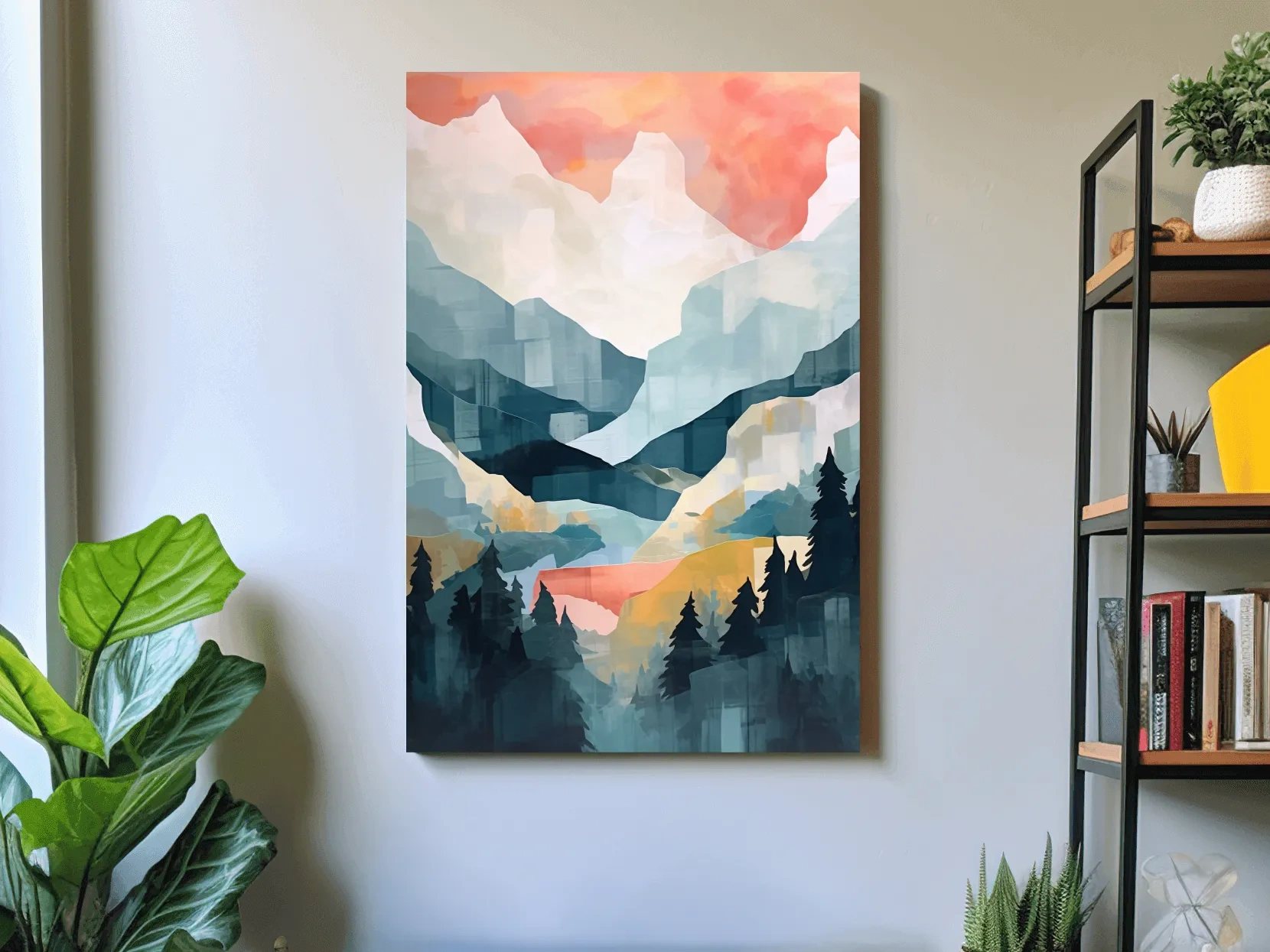 Abstract Watercolor Alpine Mountains At Sunrise - Modern Forest Landscape Artwork