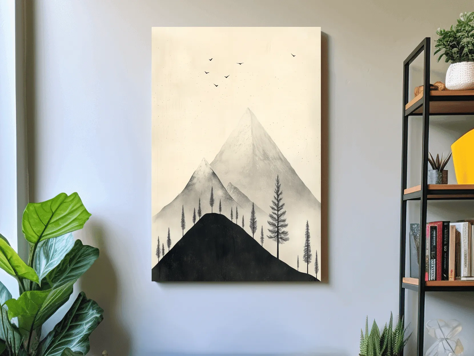 Minimalist Misty Mountain Peaks With Pine Trees - Monochrome Scandinavian Landscape Artwork