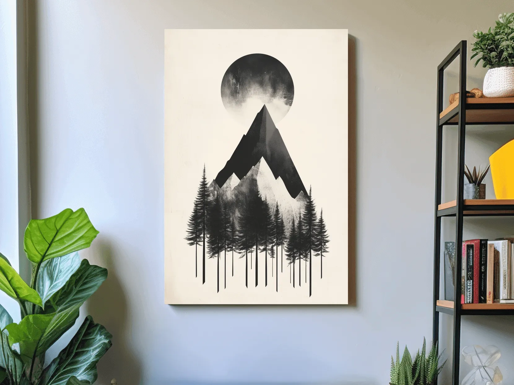 Minimalist Monochrome Mountain Peak & Pine Forest - Modern Scandinavian Style Wall Art