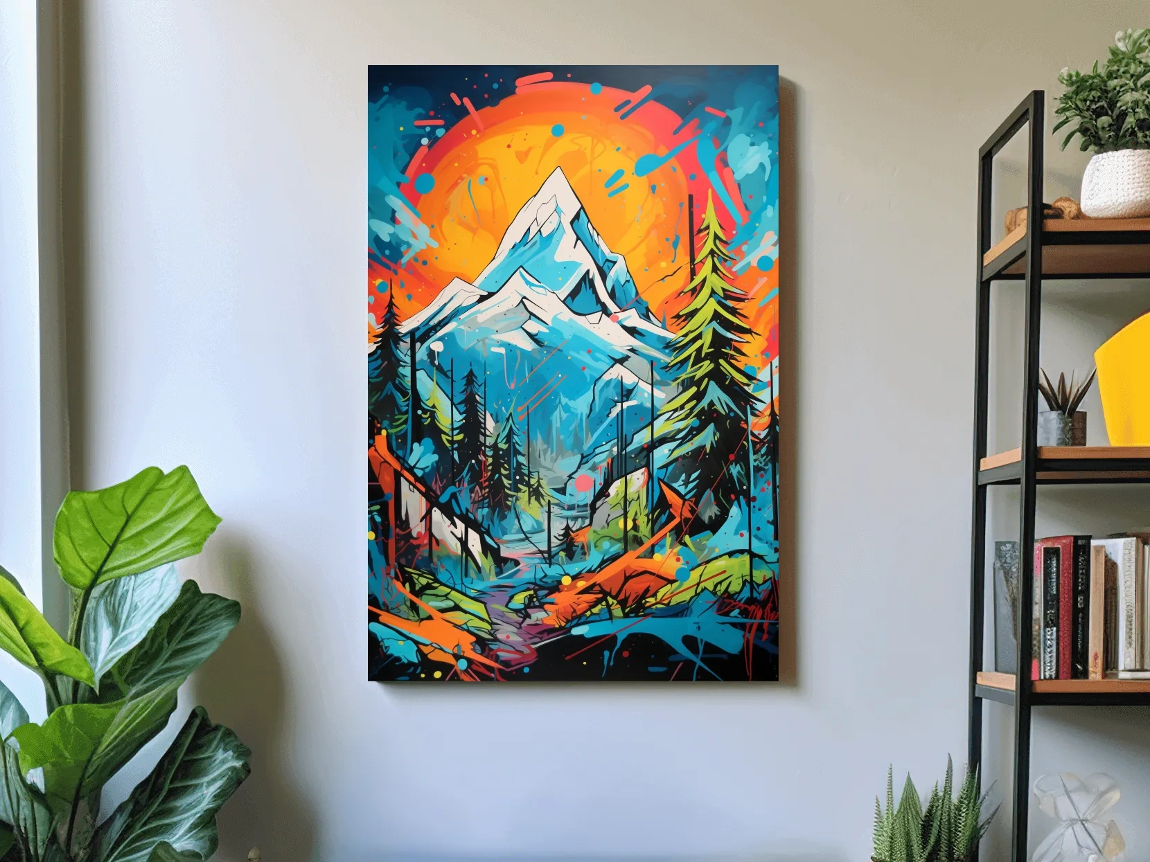 Vibrant Abstract Mountain Sunset Graffitti Painting - Colorful Pop Art Alpine Wall Art