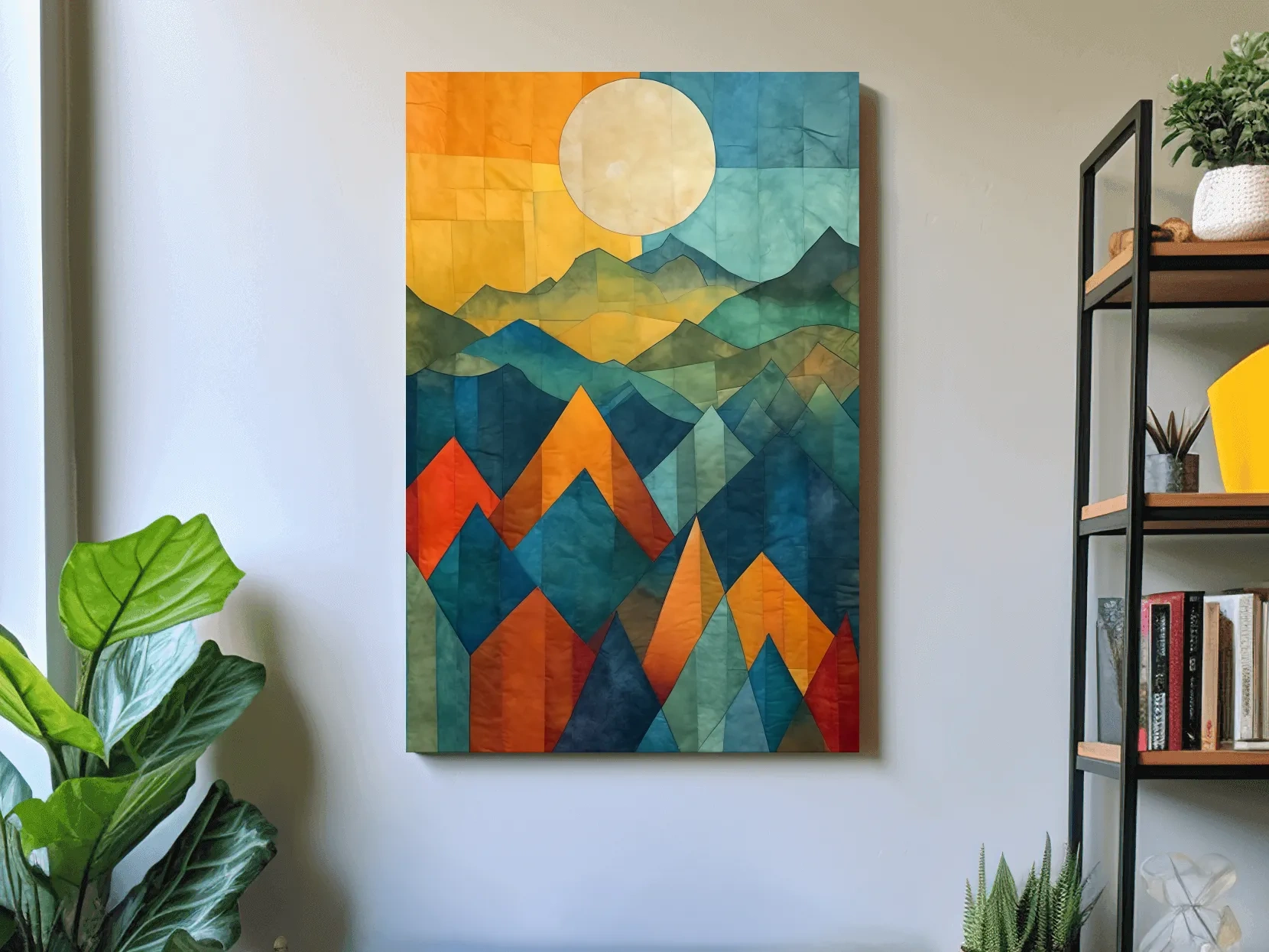 Geometric Patchwork Sunlit Mountain Range Painting - Colorful Abstract Alpine Wall Art