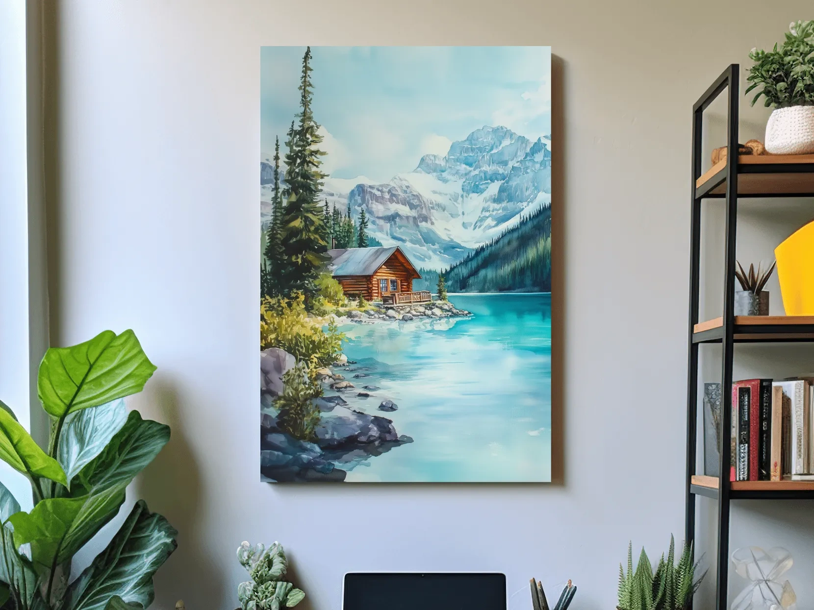 Turquoise Alpine Lake Cabin Watercolor - Serene Snowy Mountain Wall Art