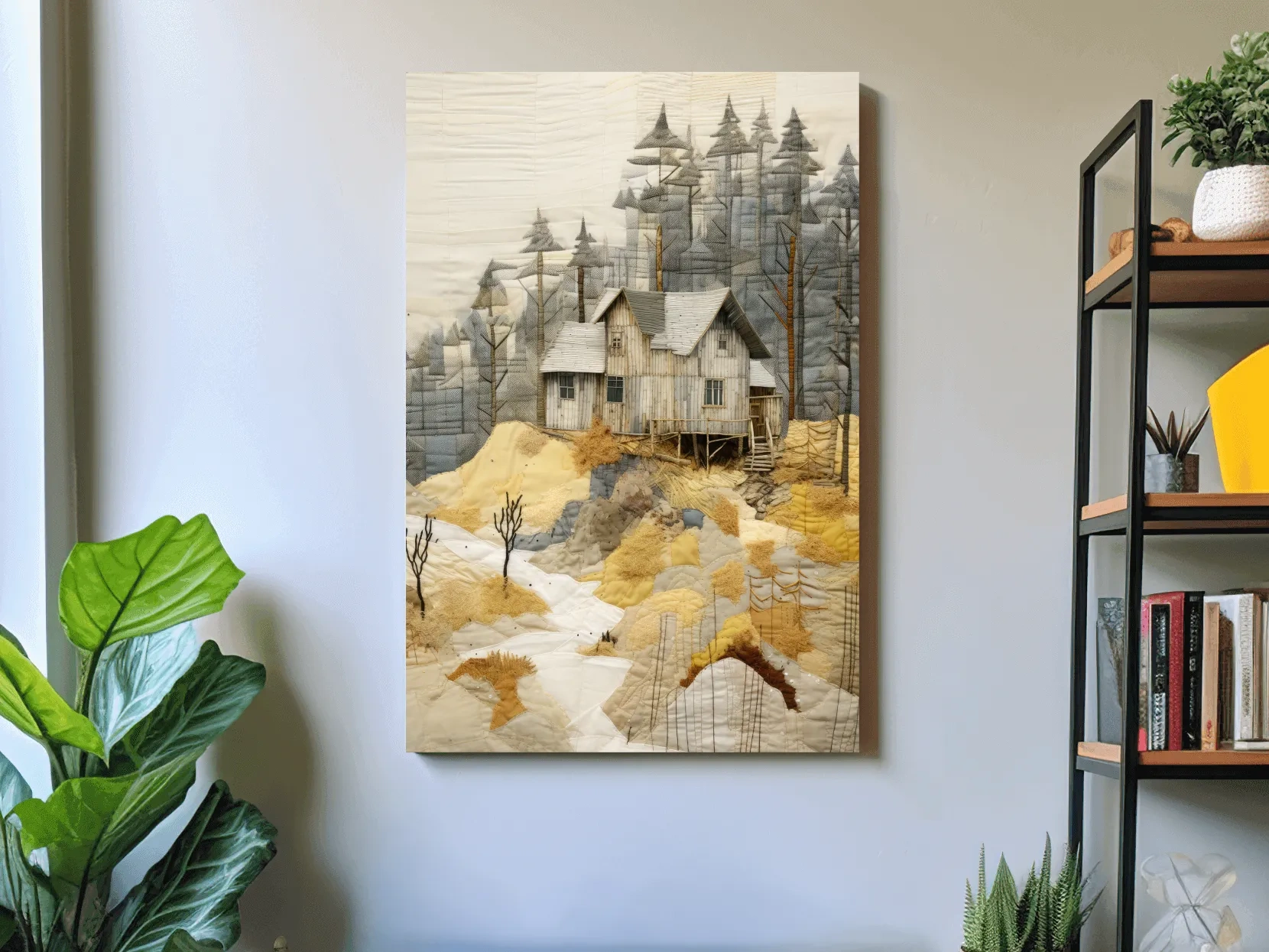 Rustic Woodland Cabin Landscape Quilt Art - Patchwork Style Mixed Media Wall Art
