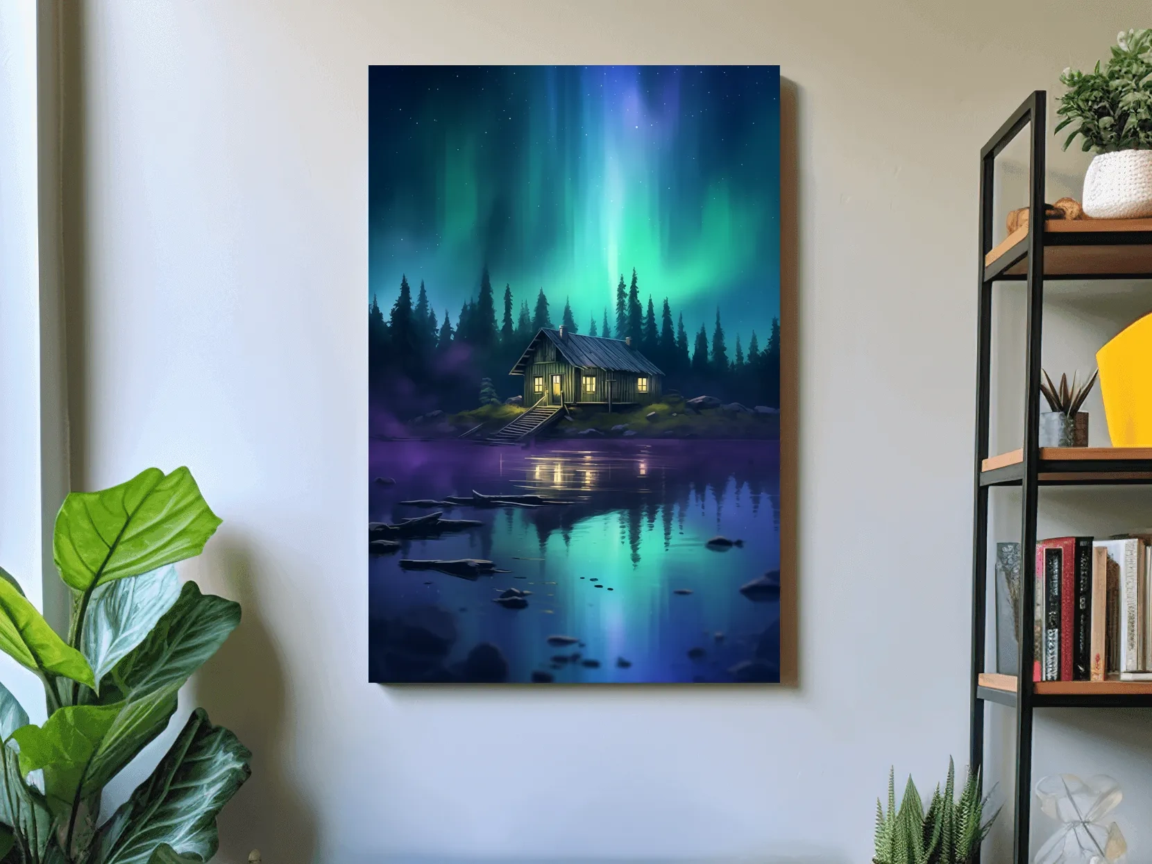 Vibrant Northern Lights Cabin Lake Painting - Aurora Borealis Night Wall Art