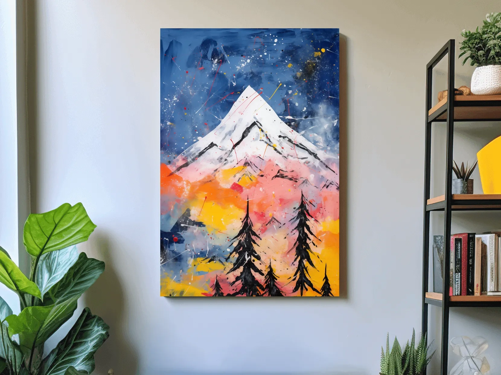 Vibrant Abstract Mountain Peak Sunset Painting - Colorful Acrylic Splash Forest Wall Art
