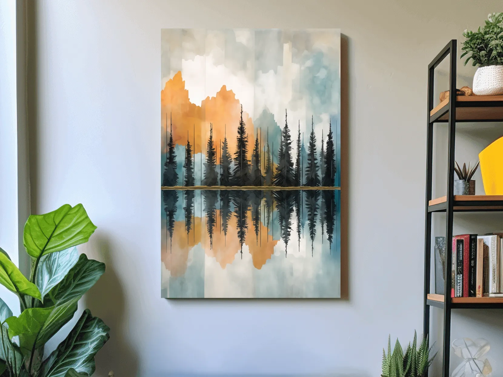 Abstract Watercolor Mountain Lake Reflection - Alpine Forest Landscape Artwork