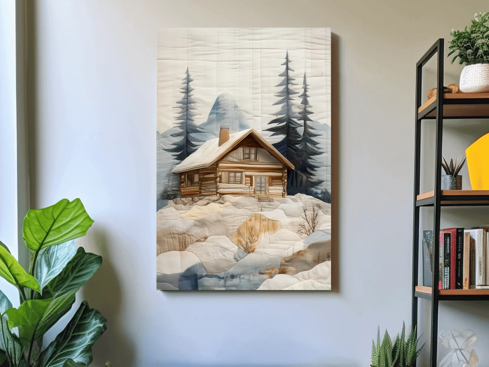 Rustic Winter Cabin In Snowy Pines - Textured Patchwork Fabric Effect Wall Art