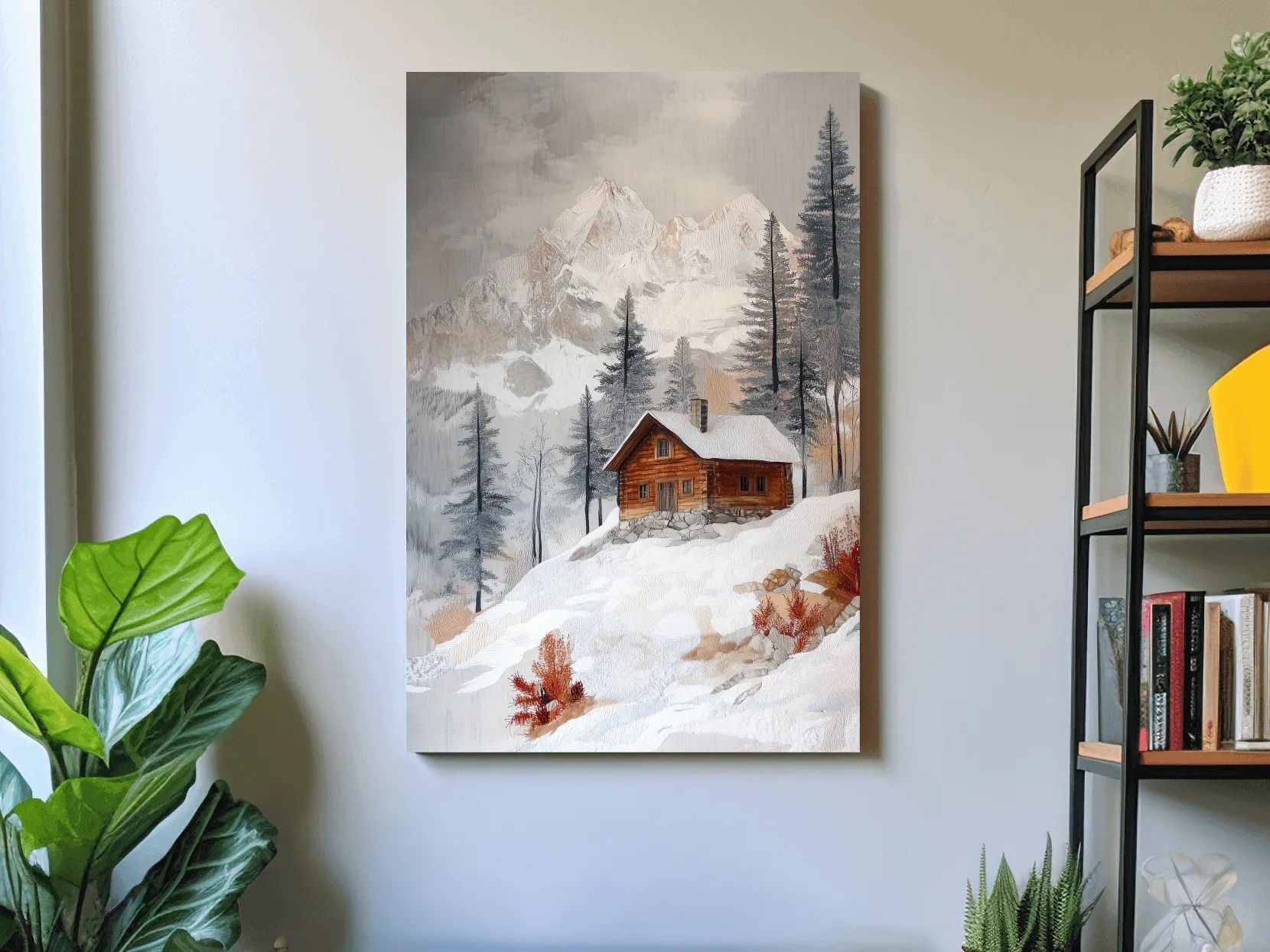 Snowy Mountain Cabin Landscape Painting - Rustic Winter Wilderness Wall Art