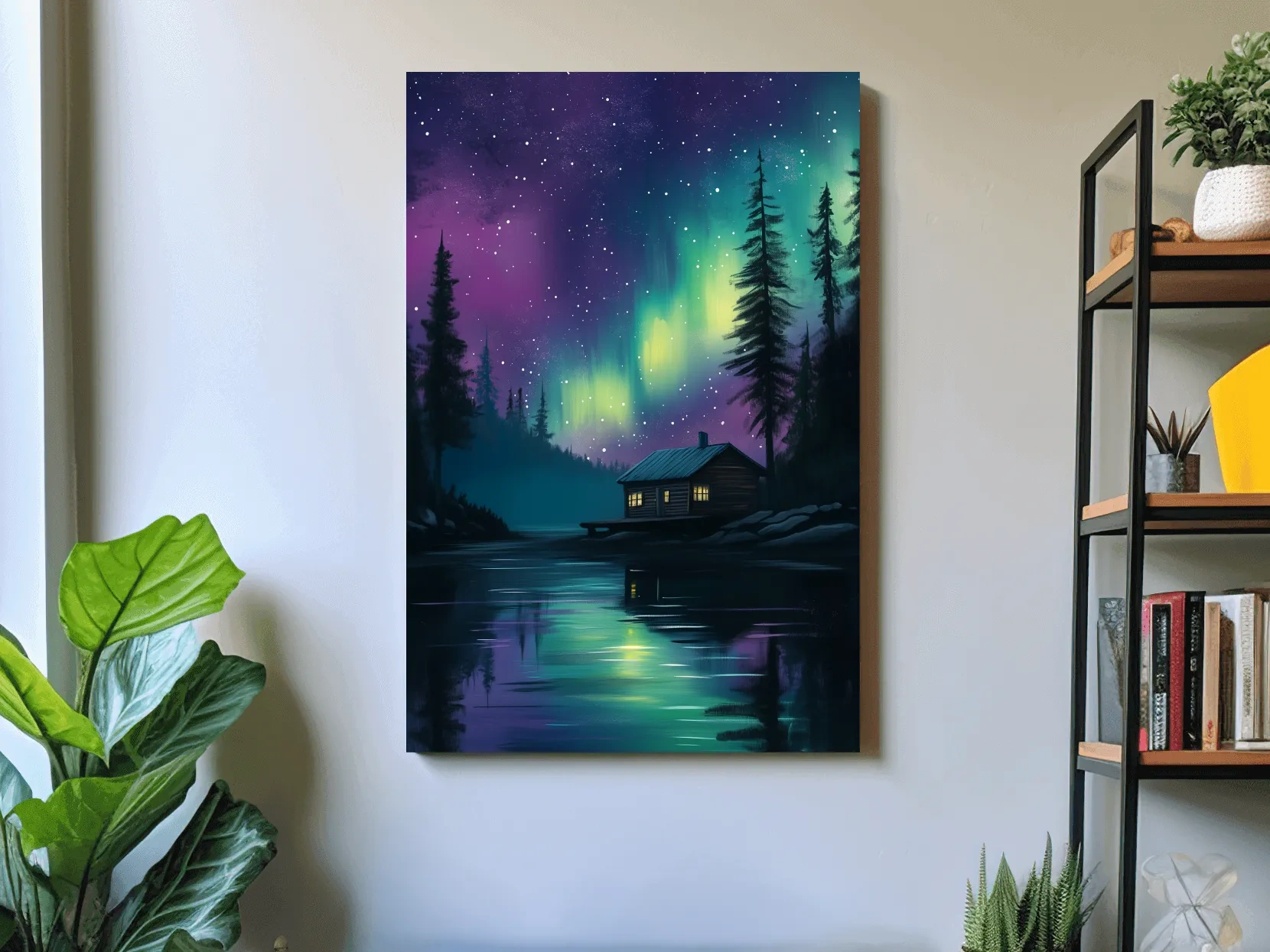 Aurora Borealis Lake Cabin Painting - Northern Lights Wall Art