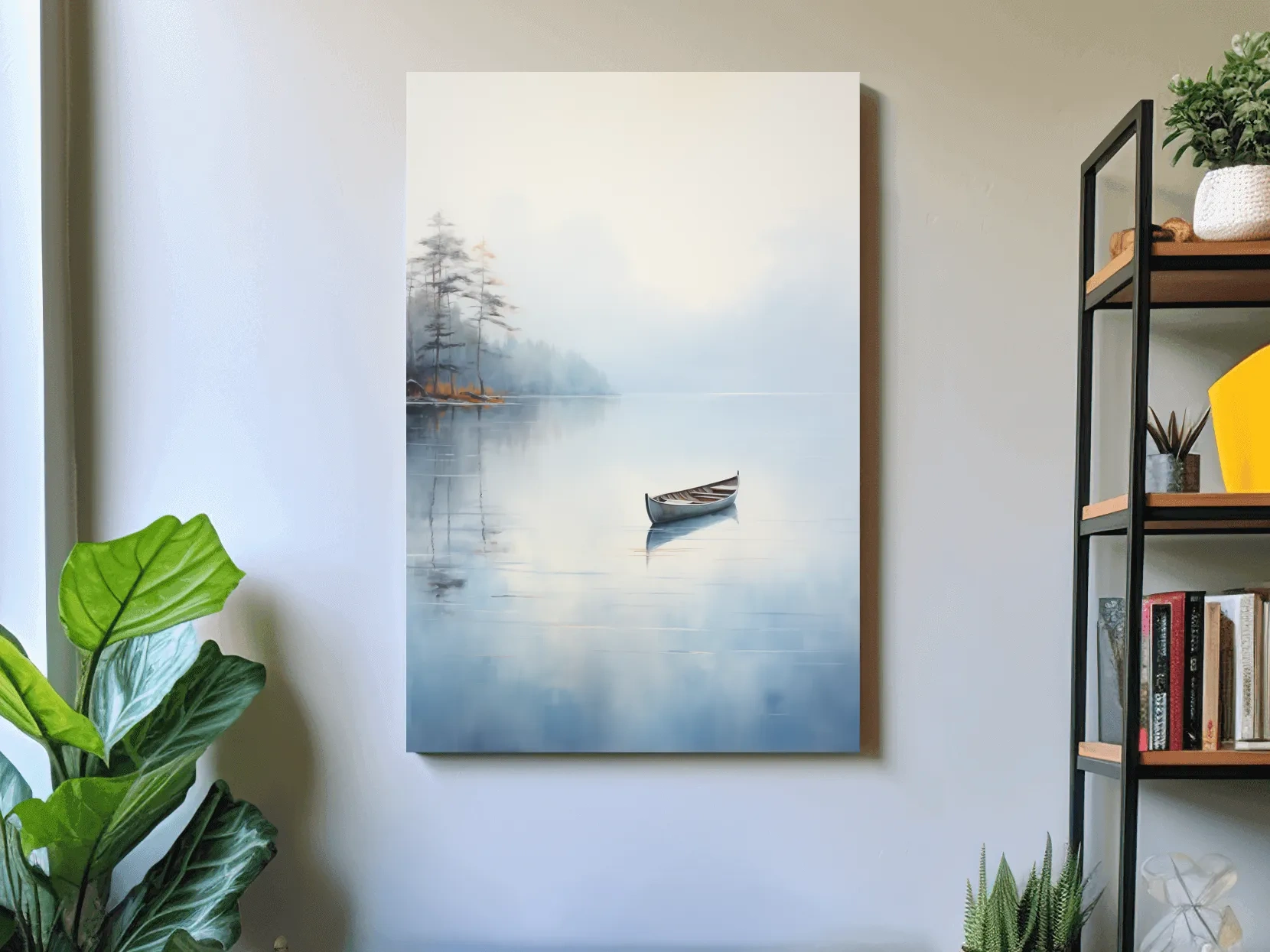Misty Lake Canoe Reflection Painting - Serene Minimalist Waterscape Wall Art