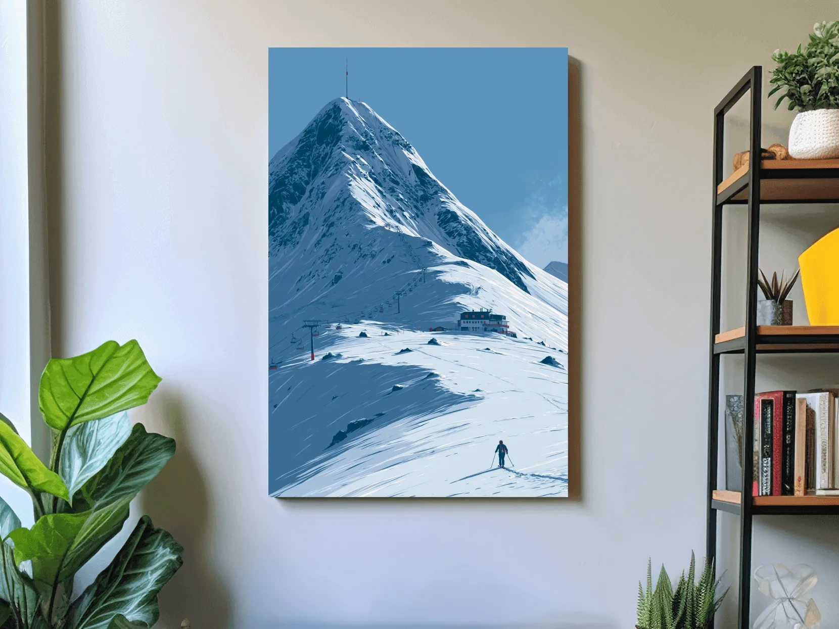Alpine Mountain Skier Artwork - Minimalist Winter Landscape Wall Art