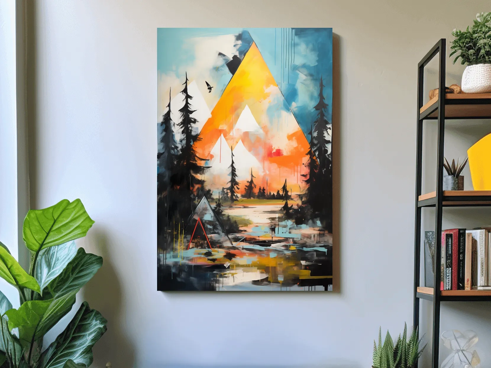 Vibrant Abstract Mountain Painting - Modern Geometric Alpine Forest Wall Art