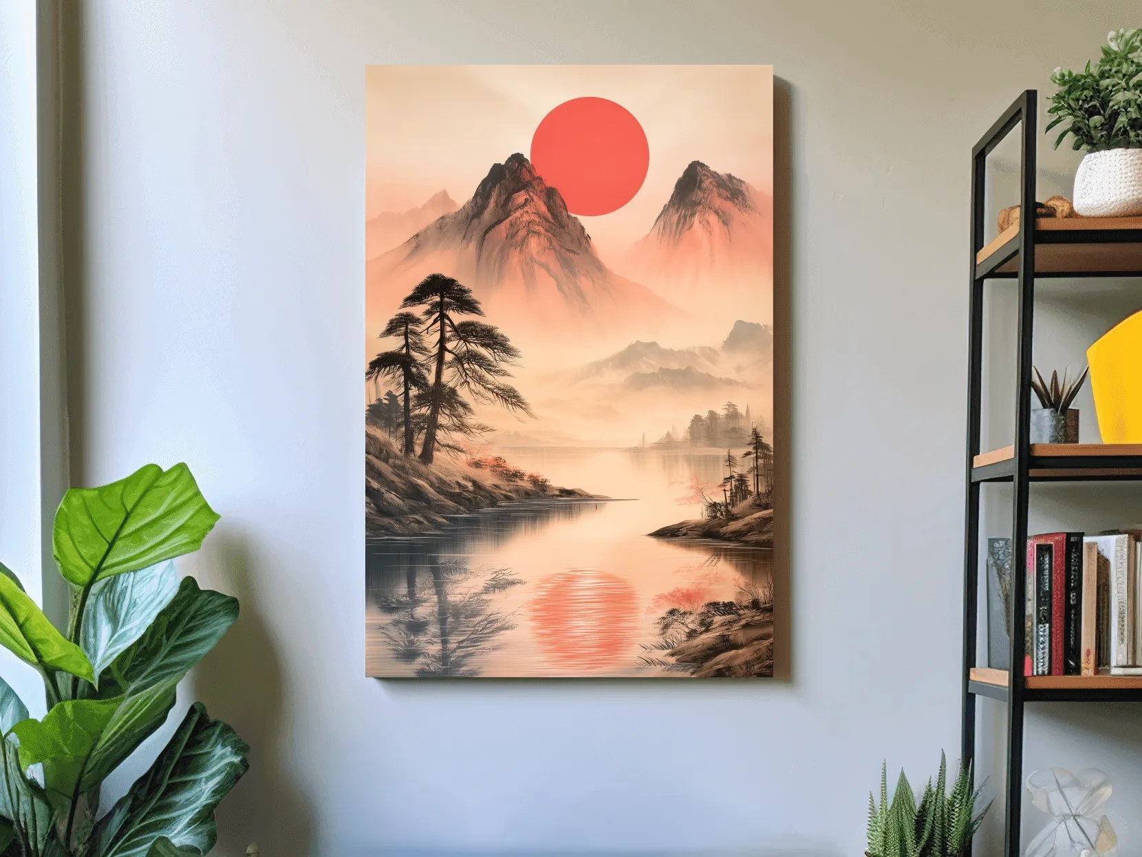 Zen Misty Mountain Lake Sunrise - Japanese Ink Wash Wall Art