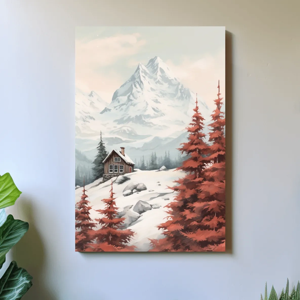 Painting of a snowy alpine scene, red fall leaves, an alpine cabin and glacier