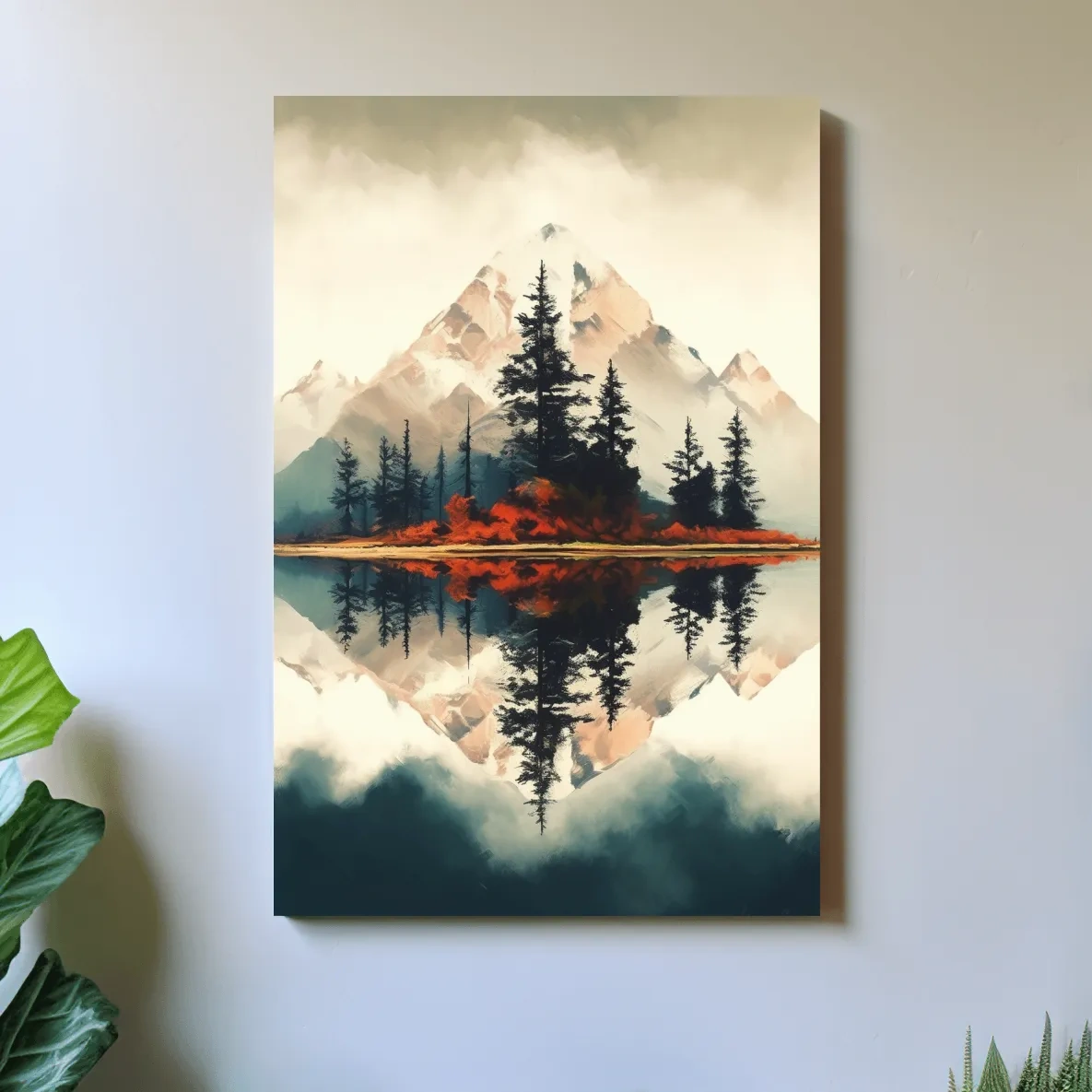Minimal mountain art, trees by an alpine lake