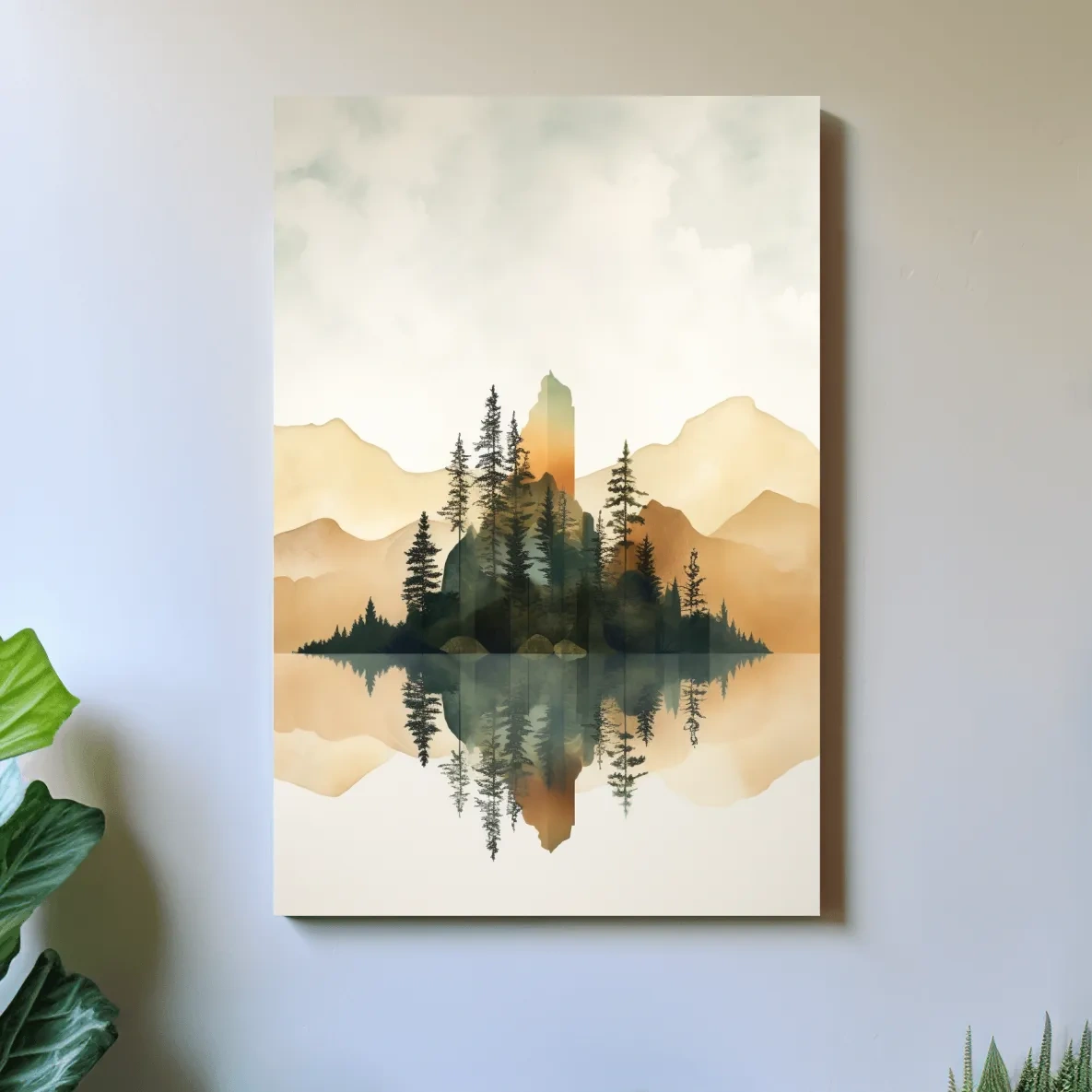 Alpine Mountain Lake Reflection Watercolor - Serene Pine Forest Wall Art