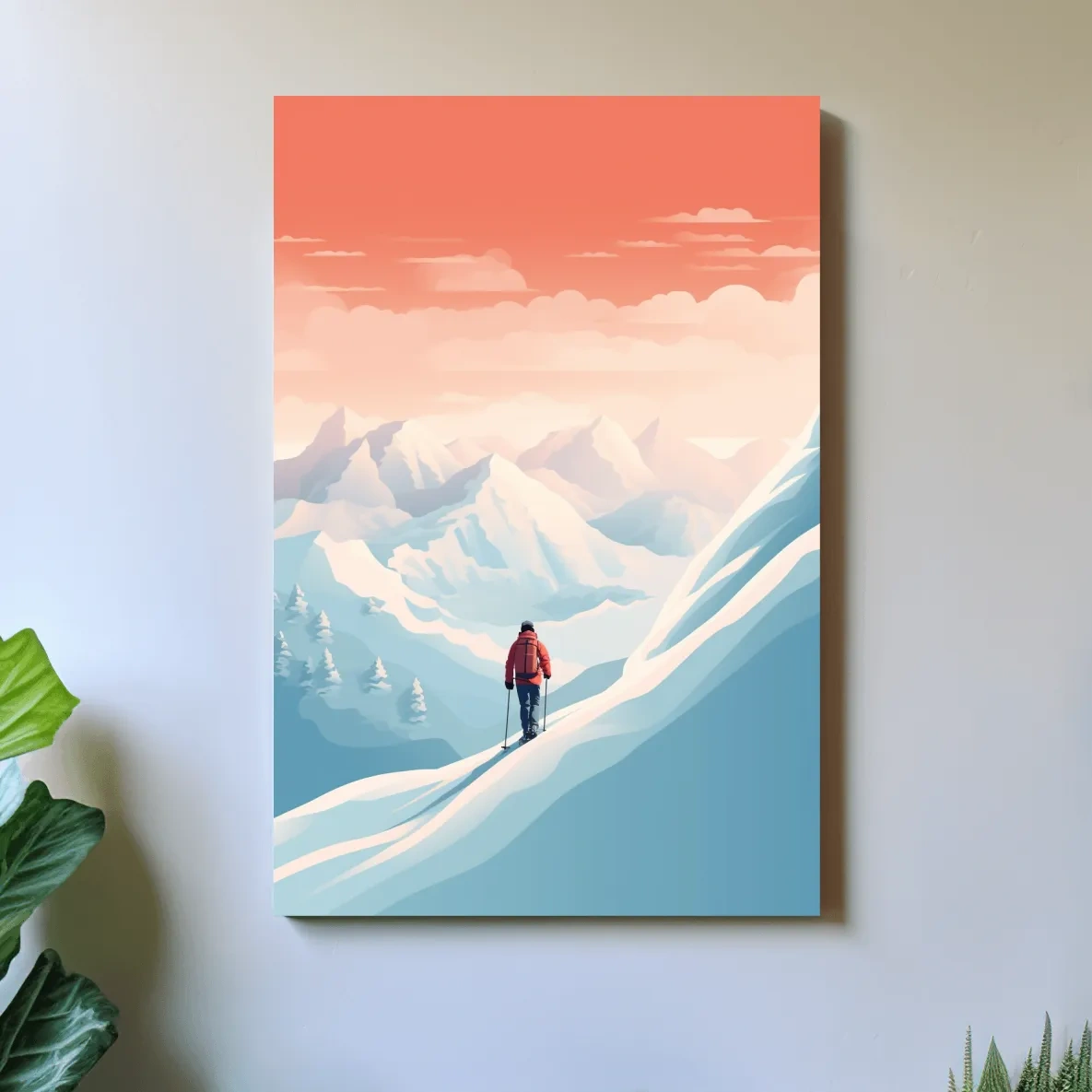 Backcountry skier in the mountains at sunset, minimal vector artwork