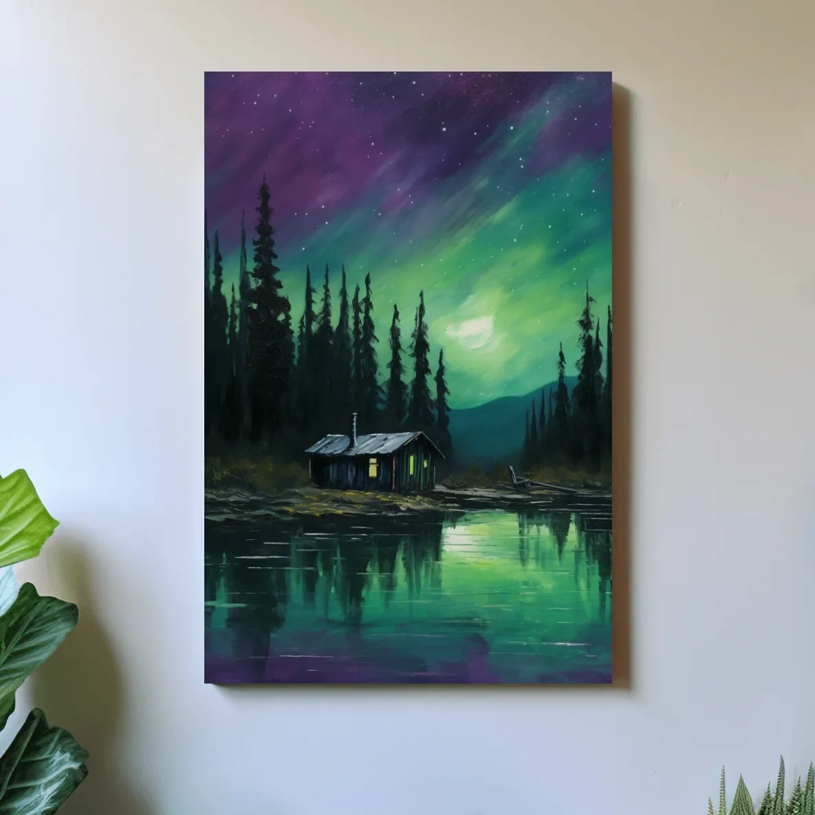 Painting of cabin by a lake under the northern lights night sky