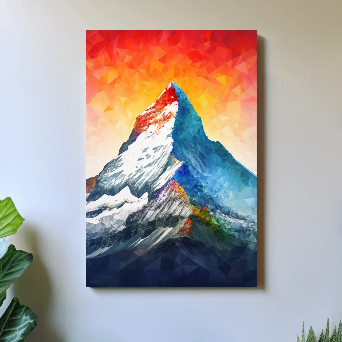 Vibrant abstract mountain painting, sunset over a glacier