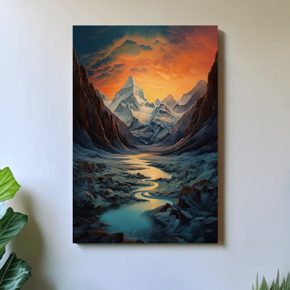 Oil painting of a glacier at sunset