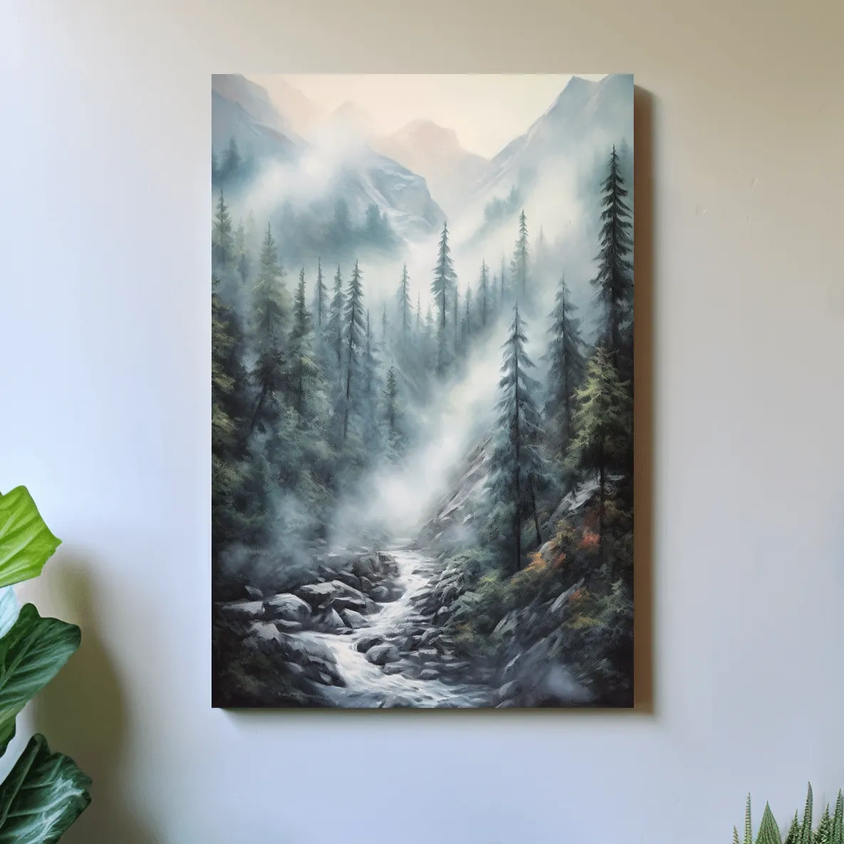Painting of a foggy forest mountain and river scene