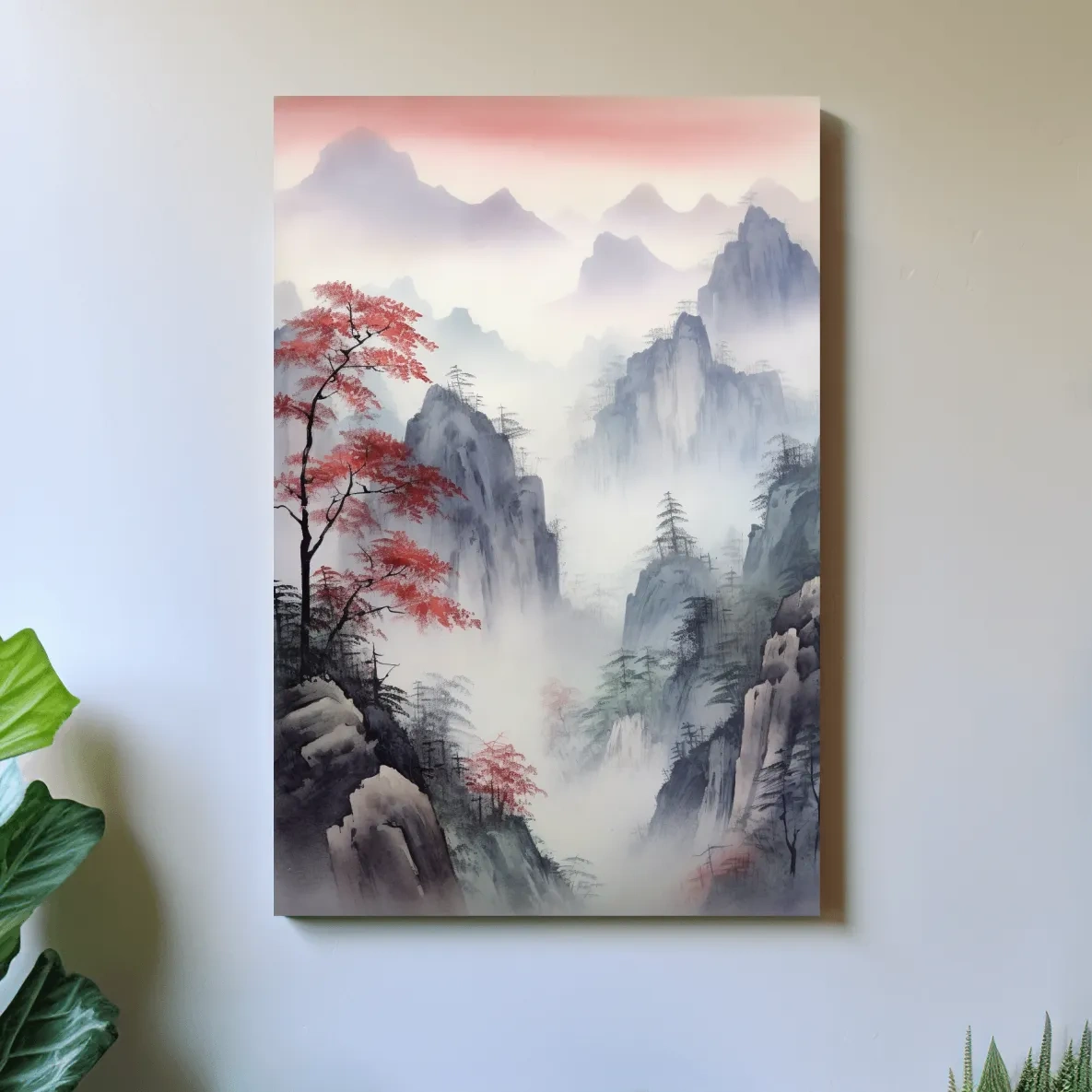 Chinese style ink wash watercolour painting of a foggy mountain scene