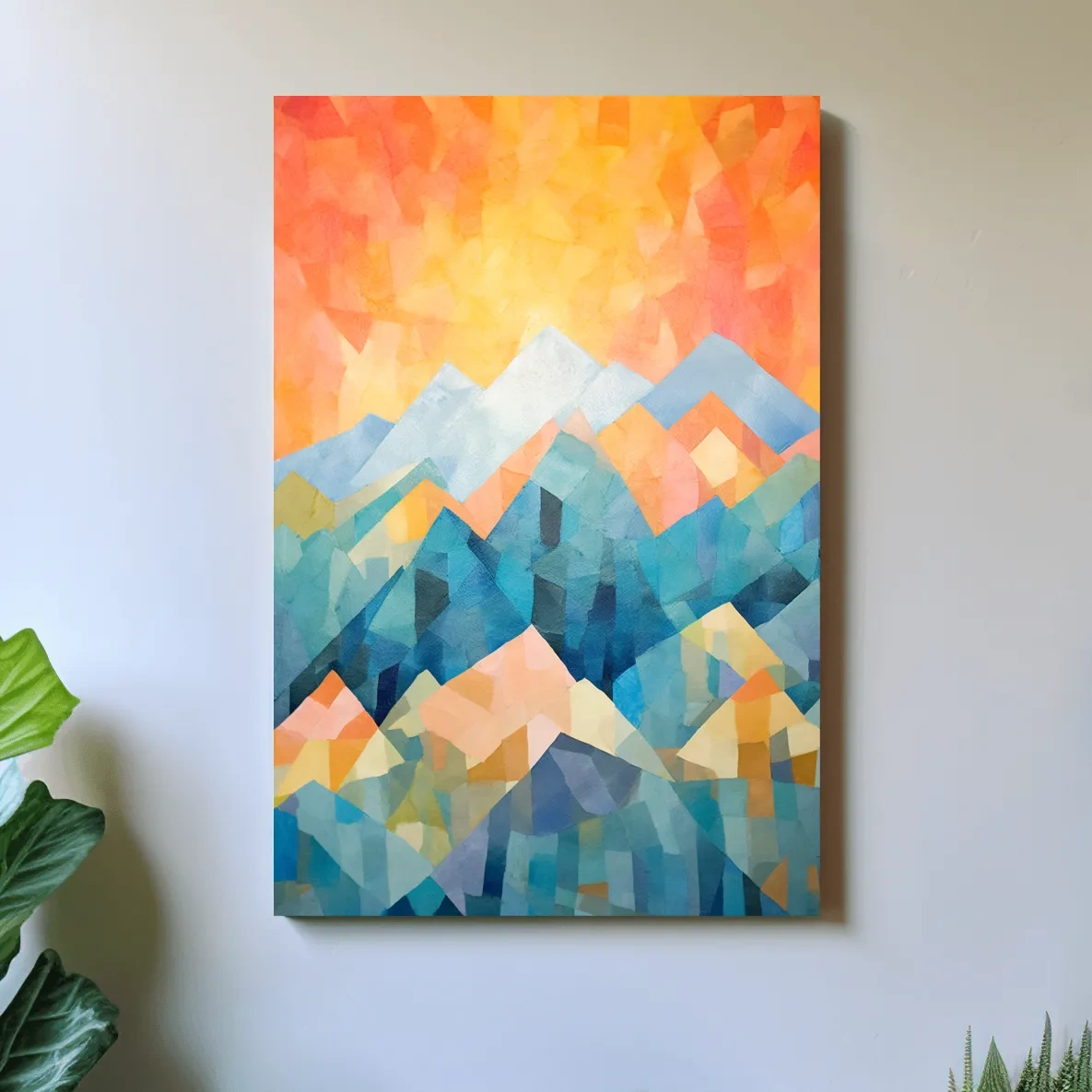 Abstract painting of a mountain scene at sunrise